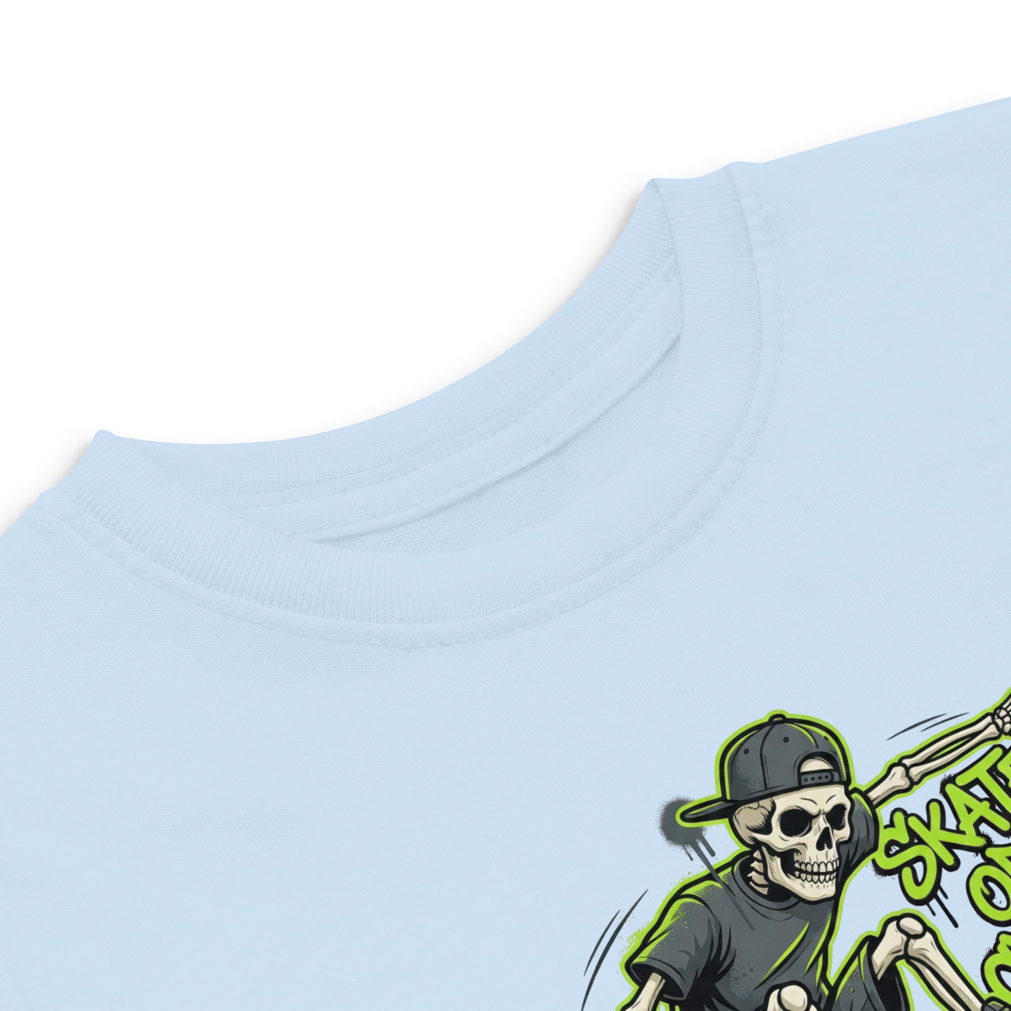Coocosh toddler t-shirt showcasing a neon green skeleton skateboarder graphic, providing playful style for little ones who love to create.