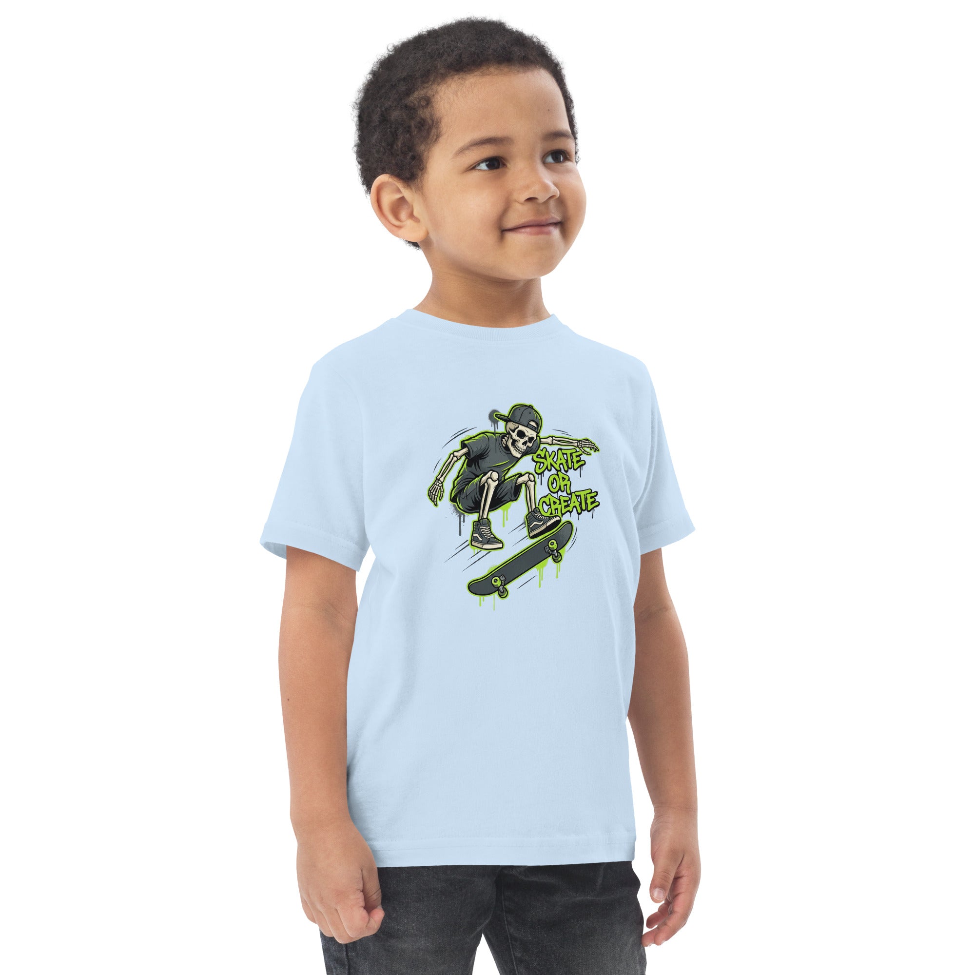 Coocosh toddler t-shirt in bright neon green, featuring a playful skeleton design, suitable for everyday use and outdoor adventures.