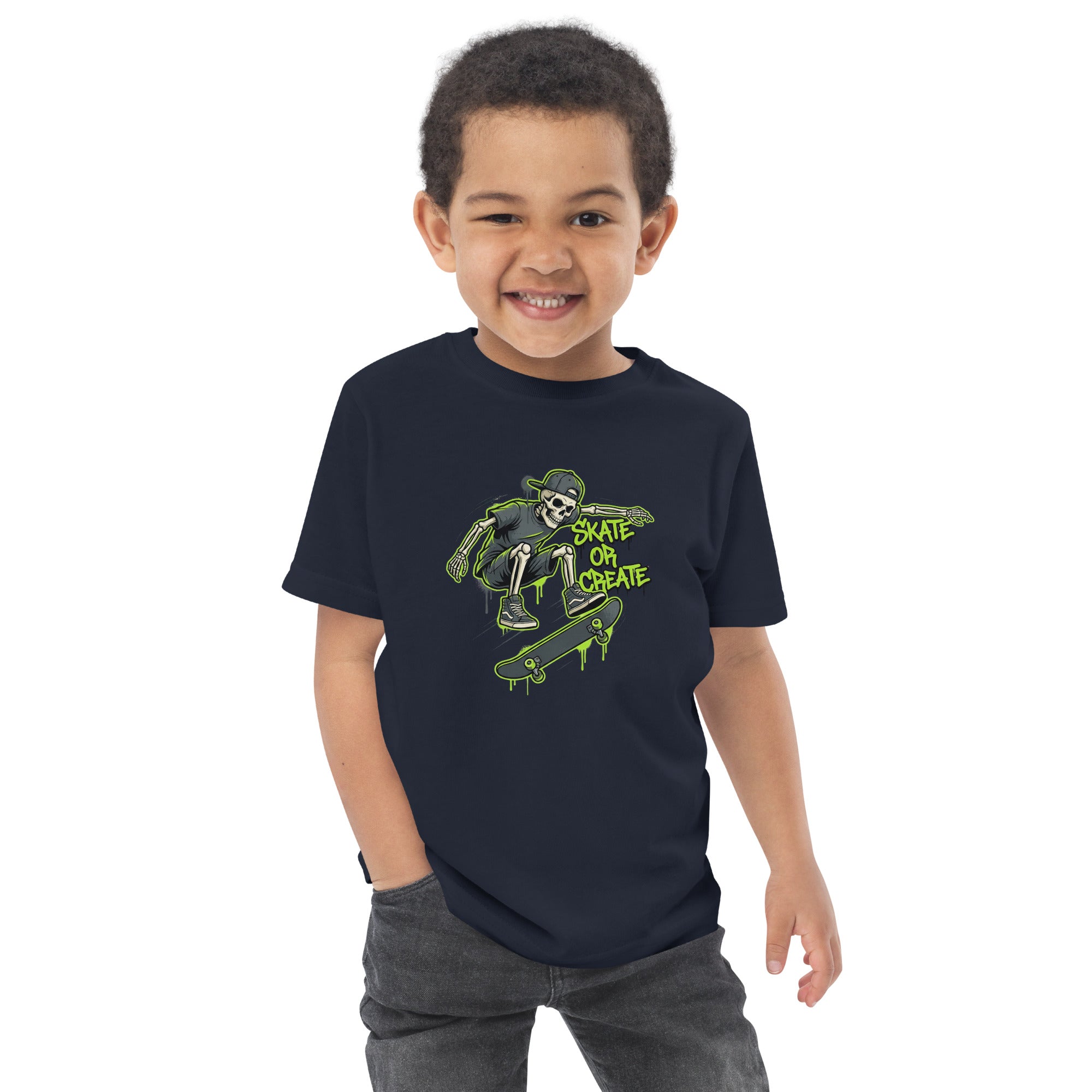 Coocosh toddler tee adorned with a neon green skeleton skate design, crafted from soft cotton for a stylish and creative wardrobe.