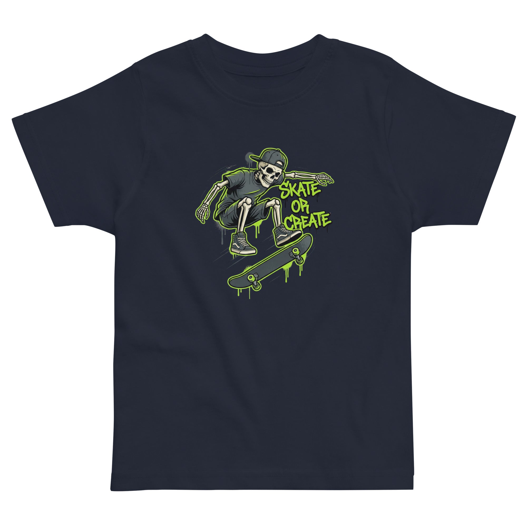 Coocosh toddler tee in vibrant neon green with a skeleton theme, great for kids who love to express creativity through their outfits.