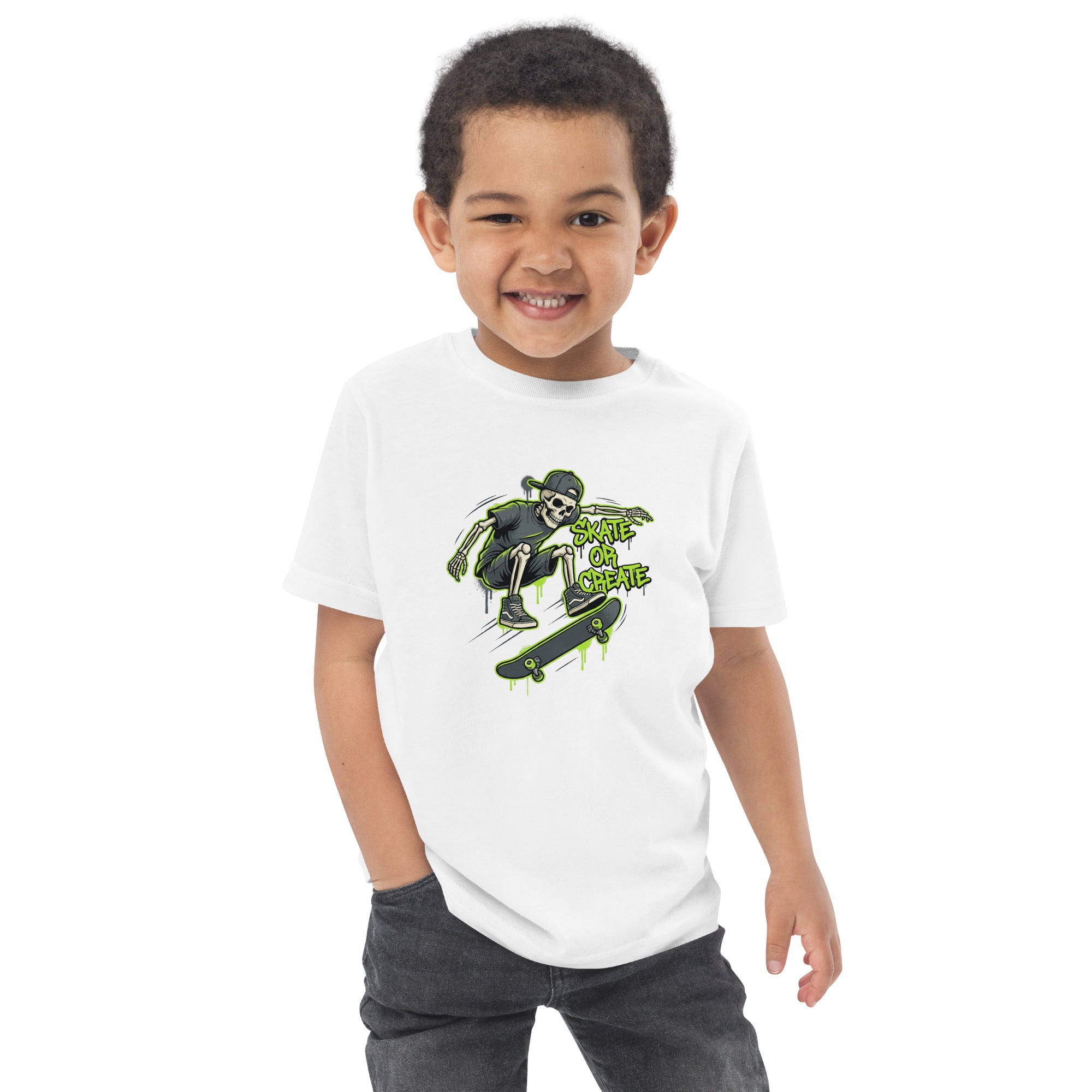 Coocosh toddler t-shirt in bright neon green, featuring a fun skeleton skate design suitable for everyday wear and imaginative playtime.