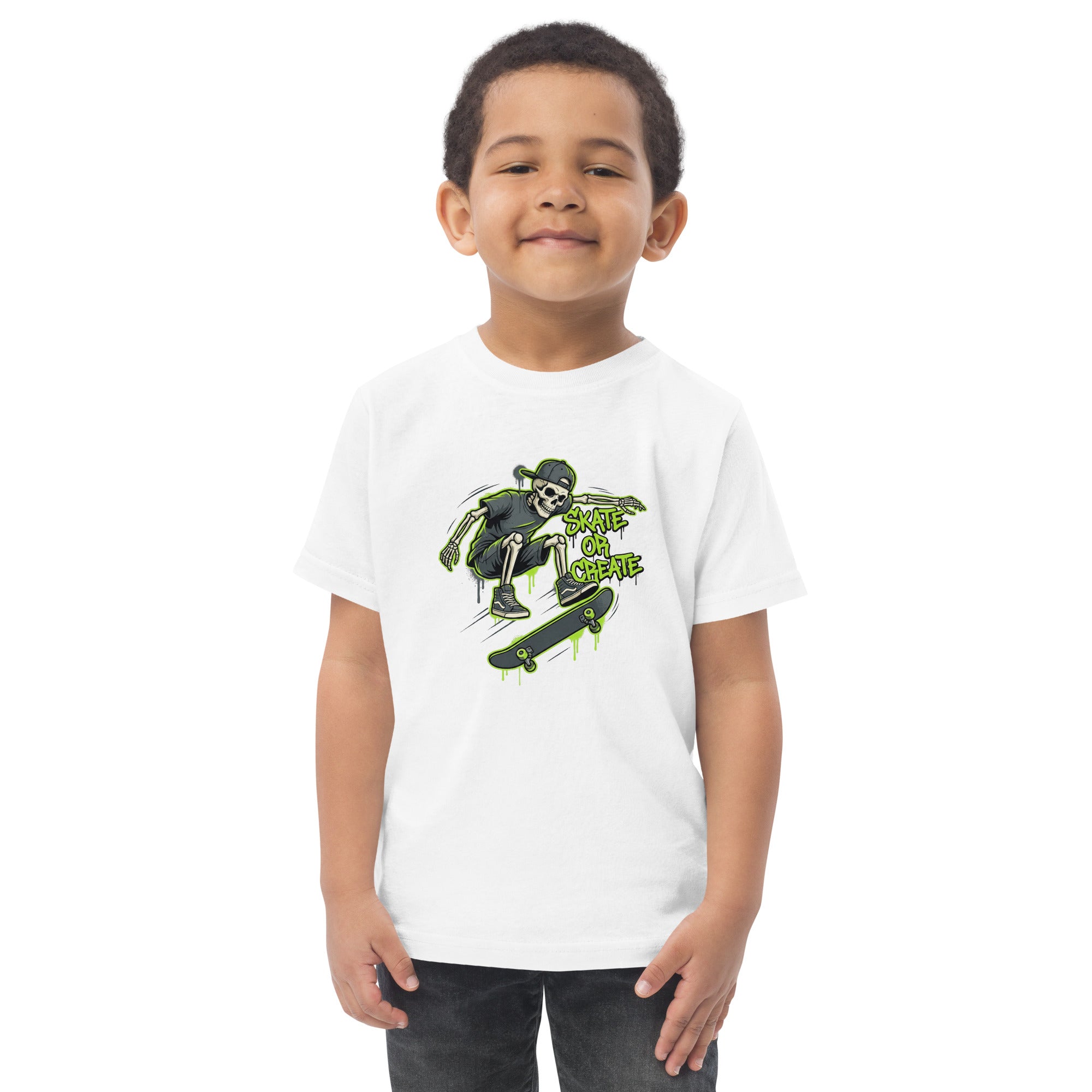 Coocosh neon green toddler t-shirt with a skeleton skateboard graphic, perfect for inspiring creativity and stylish everyday wear.
