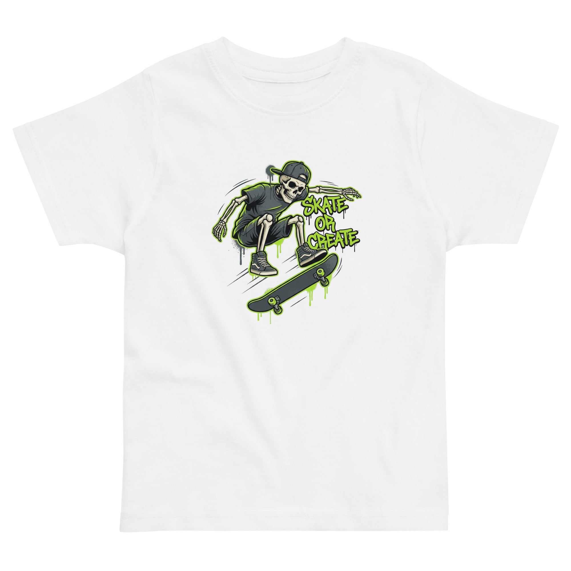 Coocosh's vibrant toddler tee showcasing a playful skeleton on a skateboard, perfect for young adventurers who love fun designs.