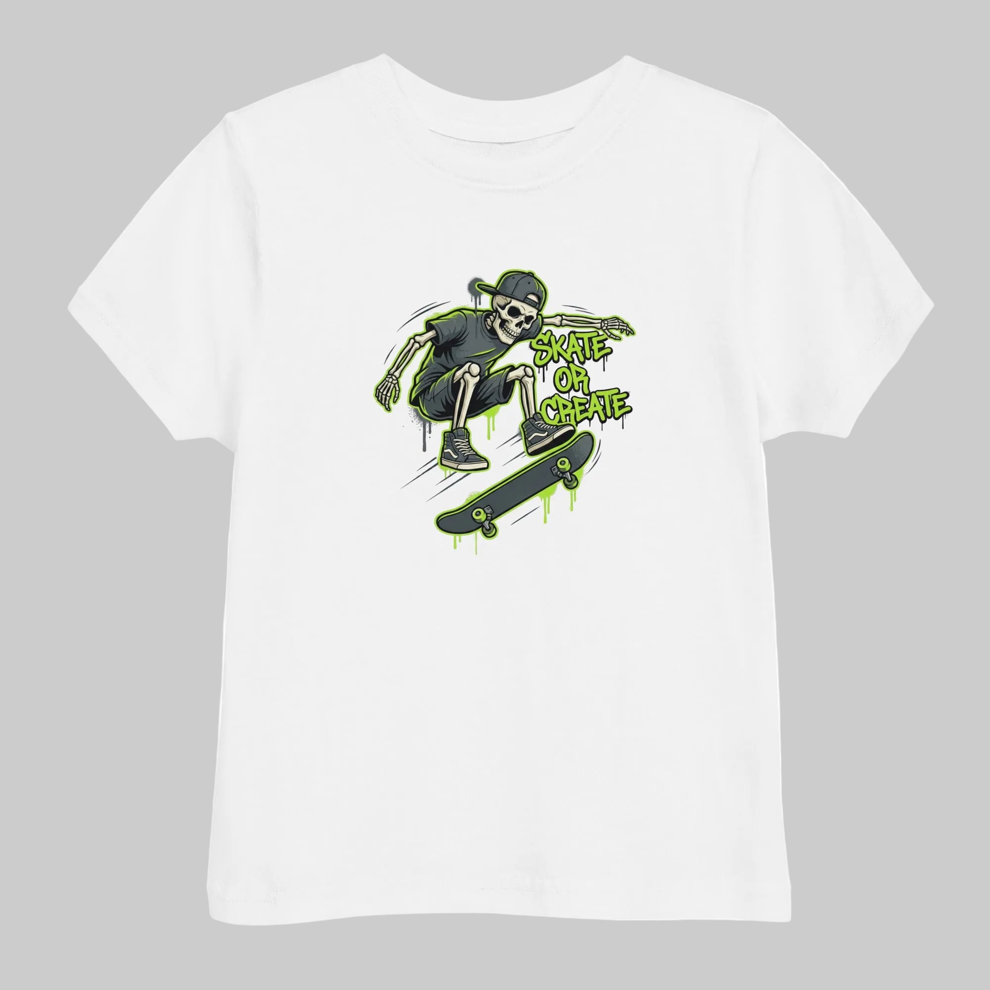 White t-shirt with a skeleton on a skateboard graphic and 'SKATE OR DIE' text.