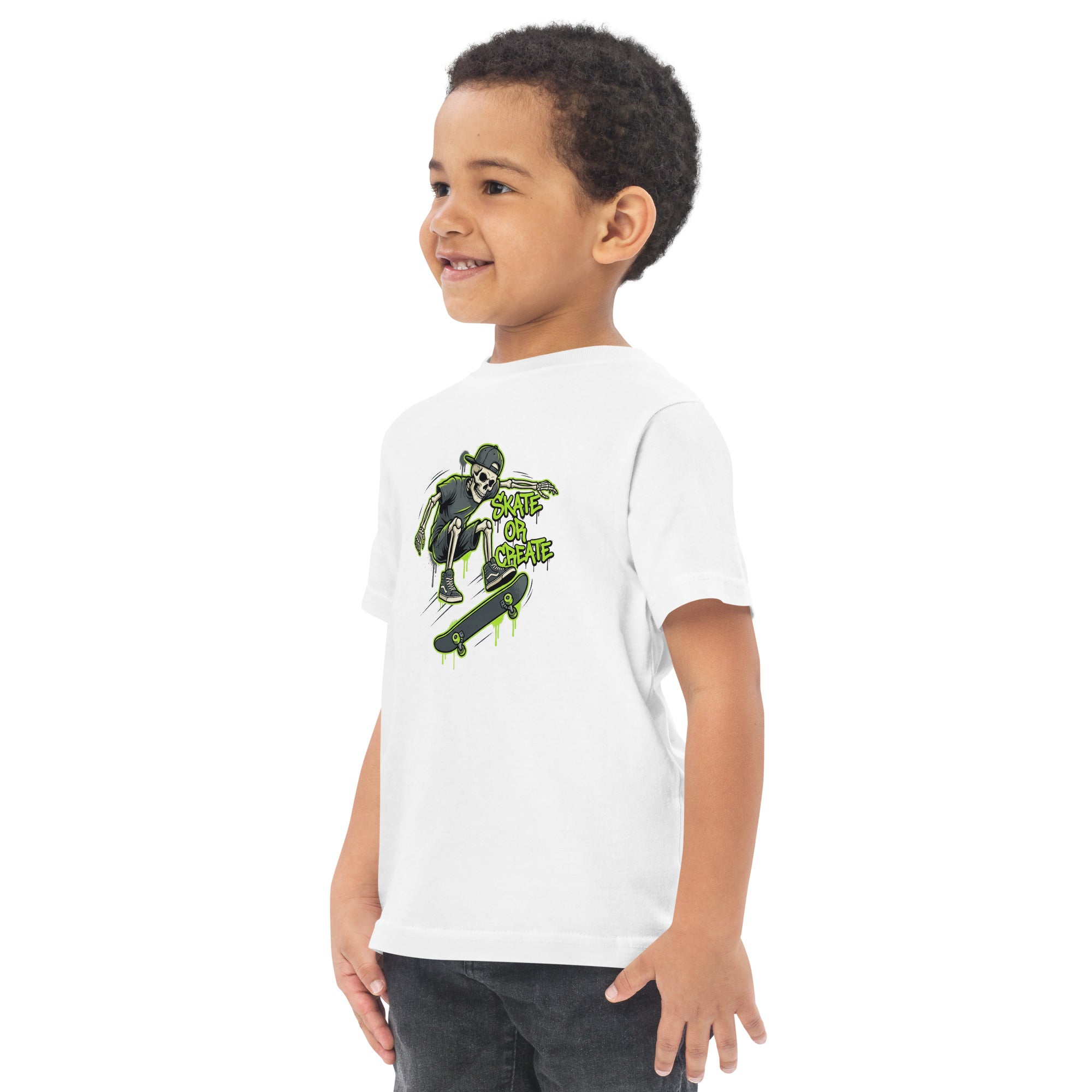Coocosh toddler t-shirt made from 100% cotton with a neon green skeletal design, envisioned for children participating in everyday play.
