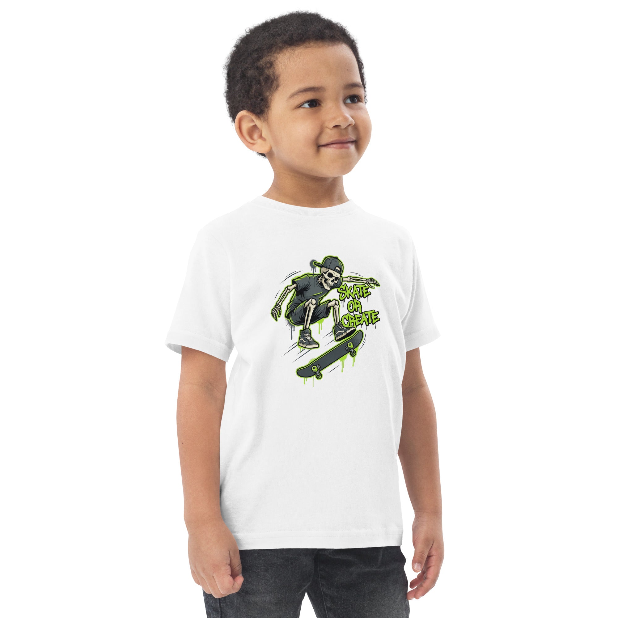 Coocosh playful toddler t-shirt in vibrant neon green with a skeleton design, perfect for kids who love adventure and creative play.