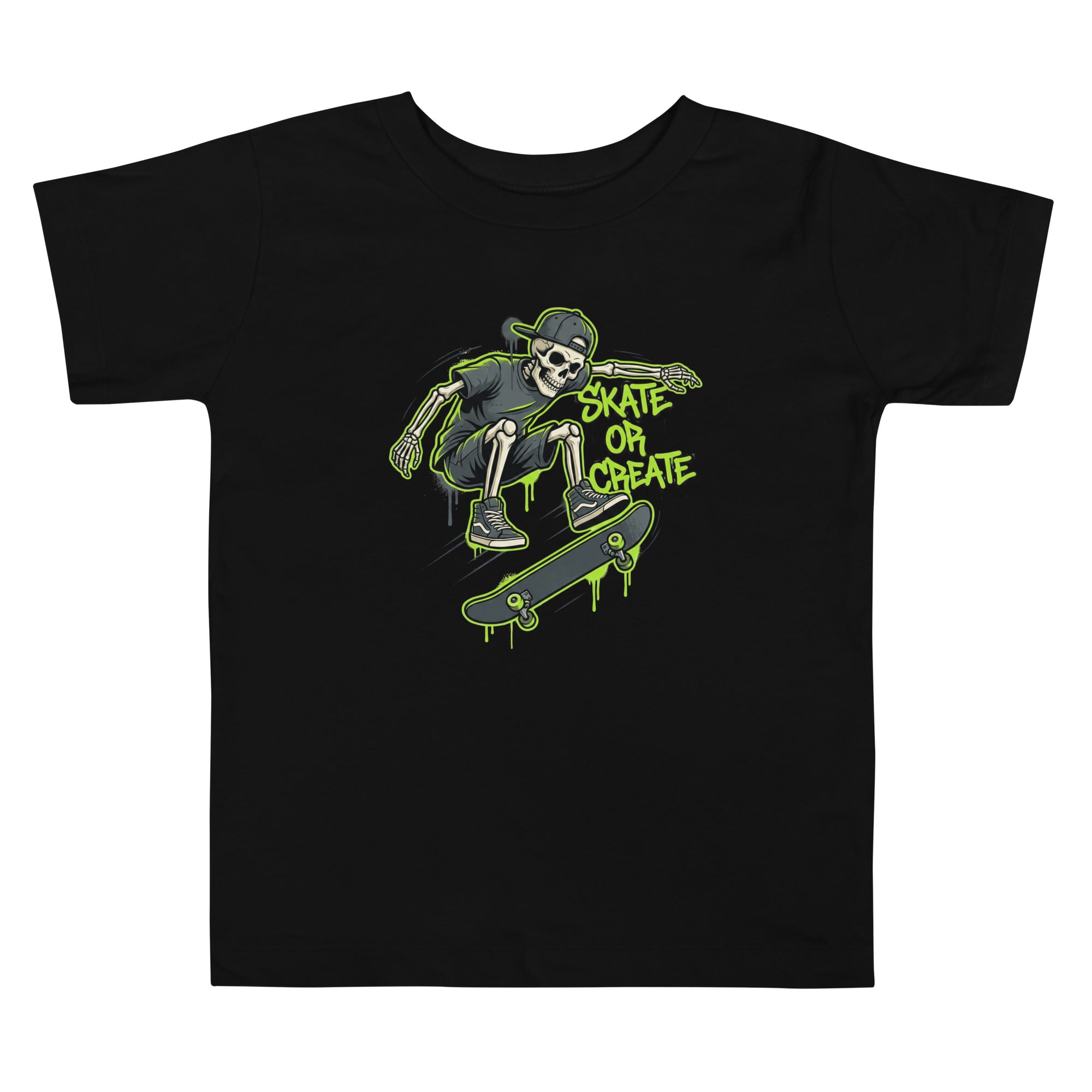 Coocosh's short sleeve t-shirt in lime green features a playful skeleton skater design, perfect for fashionable toddlers on the go.