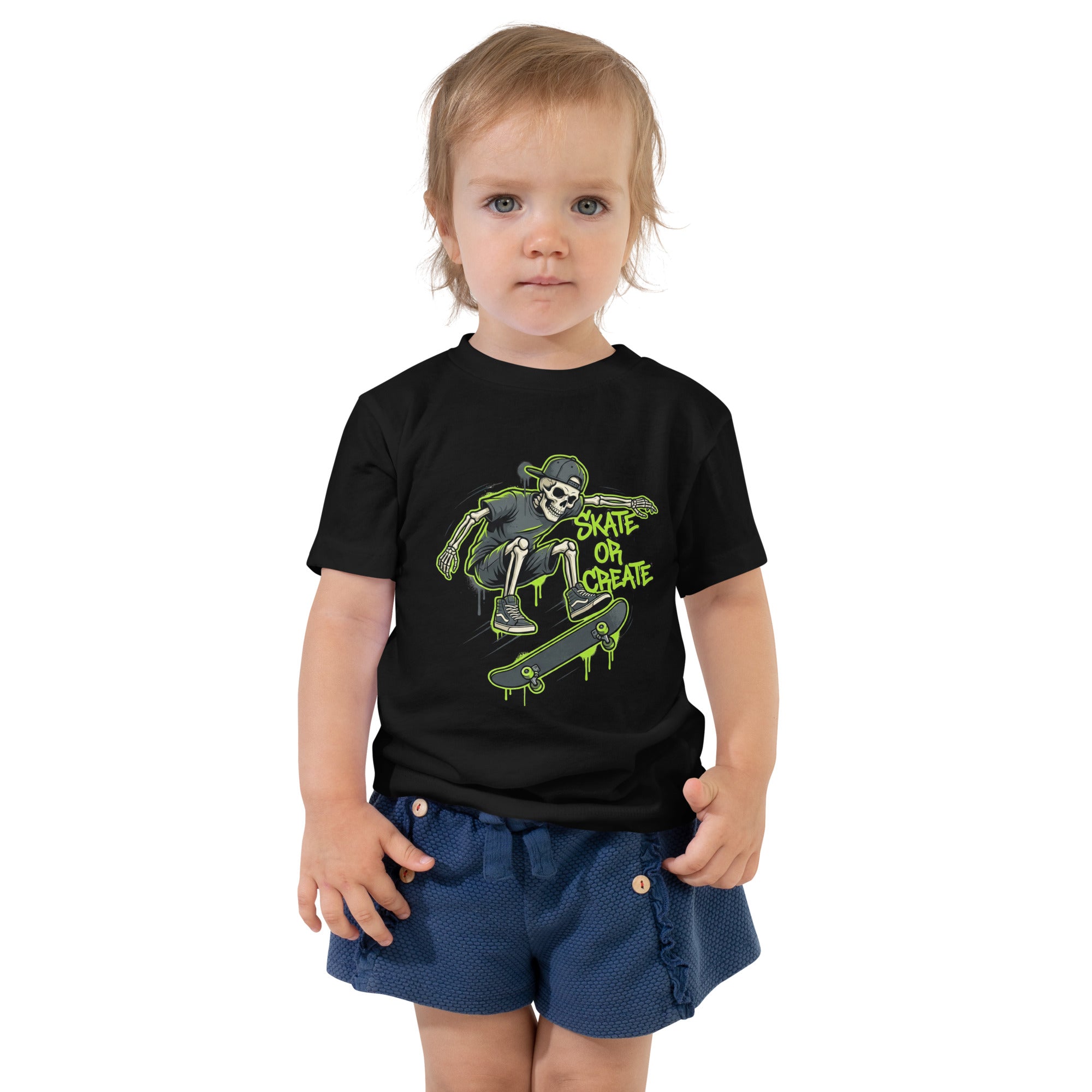 Vibrant lime green Coocosh toddler shirt with an eye-catching skeleton skater graphic, perfect for budding trendsetters.