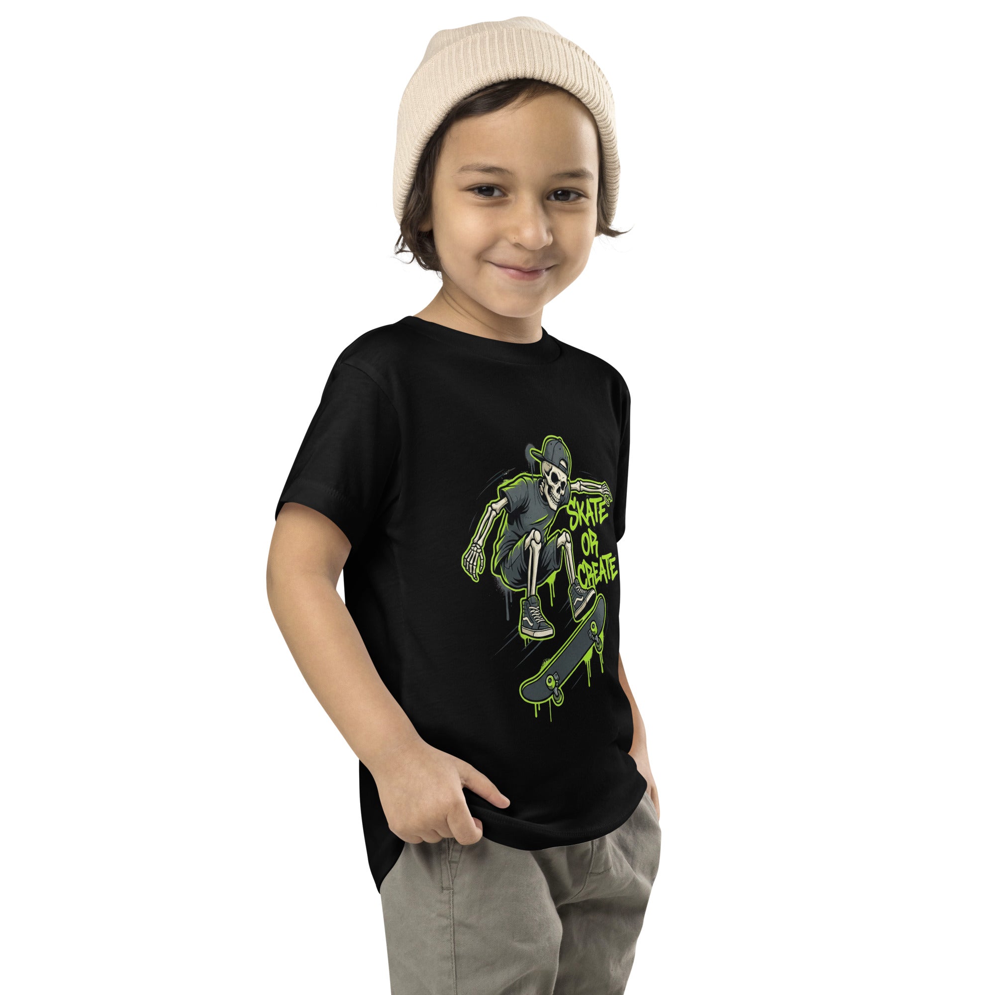 Coocosh toddler short sleeve t-shirt in lime green, featuring a playful skeleton skater graphic, perfect for vibrant street art fans.