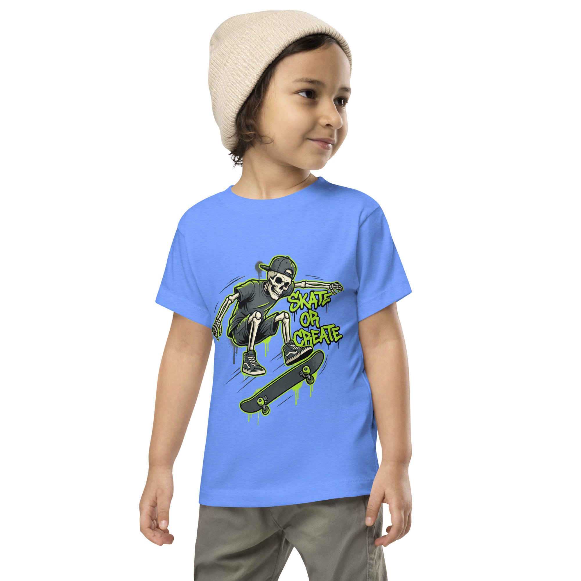 Bright lime green Coocosh toddler t-shirt adorned with a skeleton skater motif, ideal for little ones enjoying casual outings.
