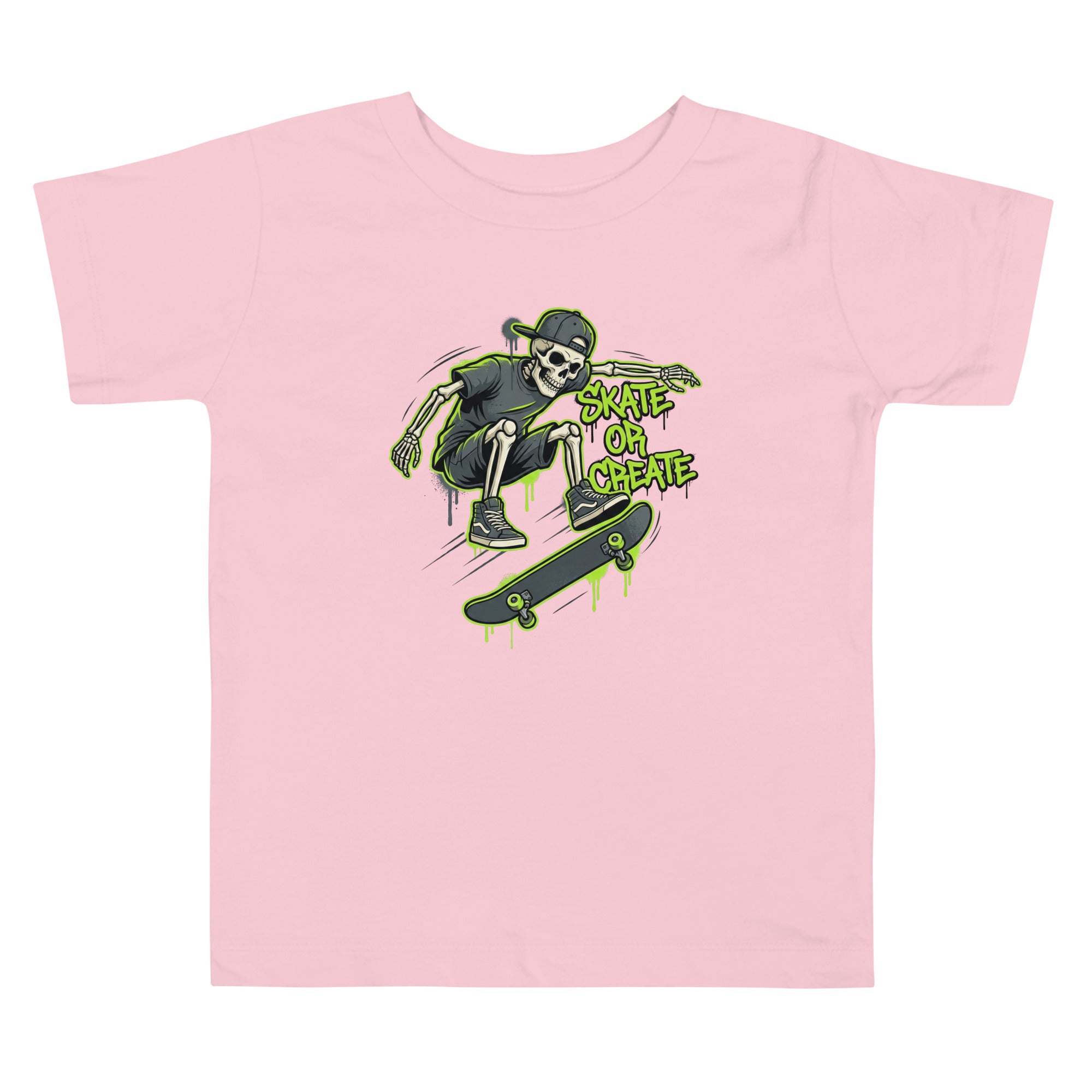 The Coocosh toddler short sleeve t-shirt combines casual style with a fun skeleton skater motif on a bright lime green background.