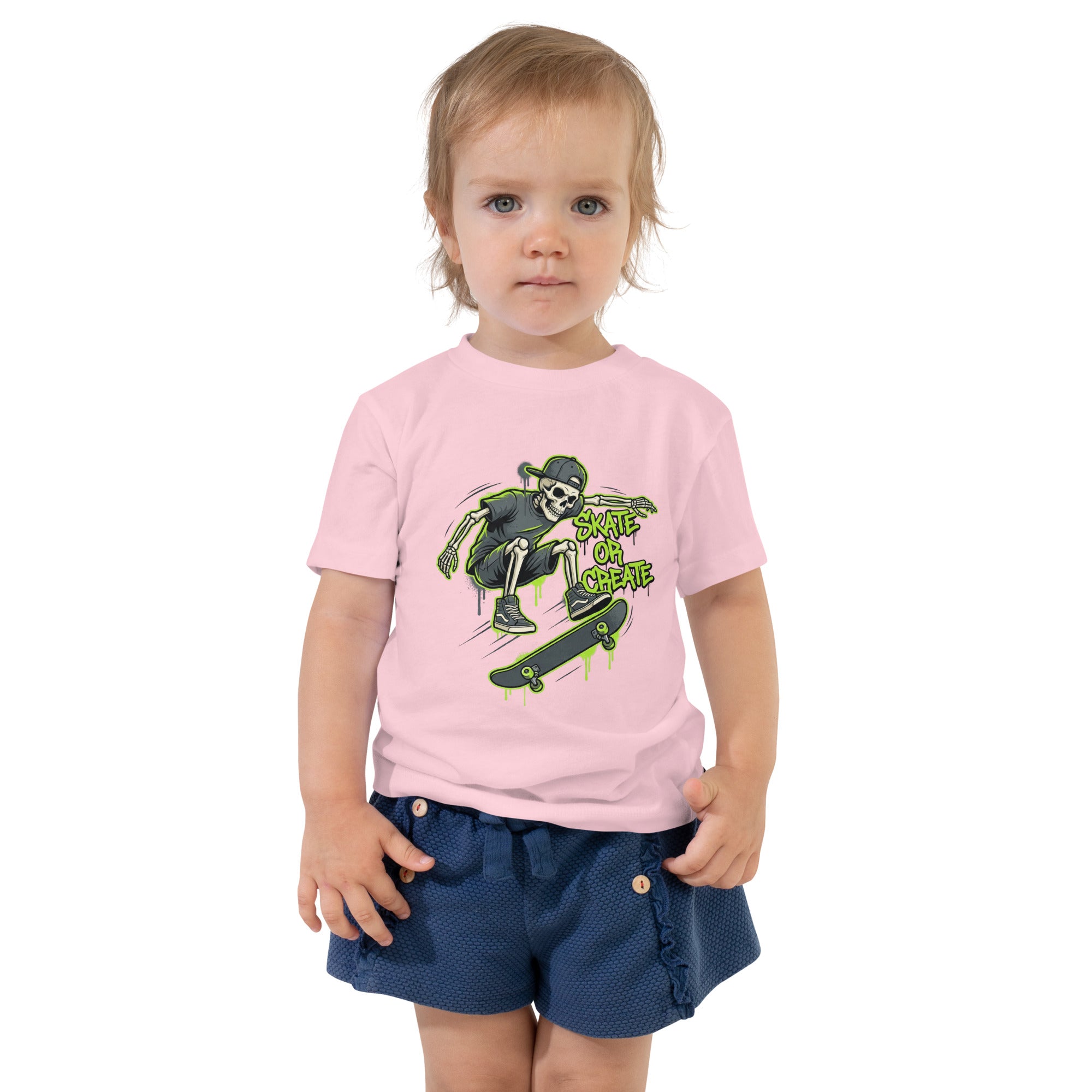 Coocosh offers this whimsical toddler short sleeve t-shirt in lime green, accentuated with a fun skeleton skater design.