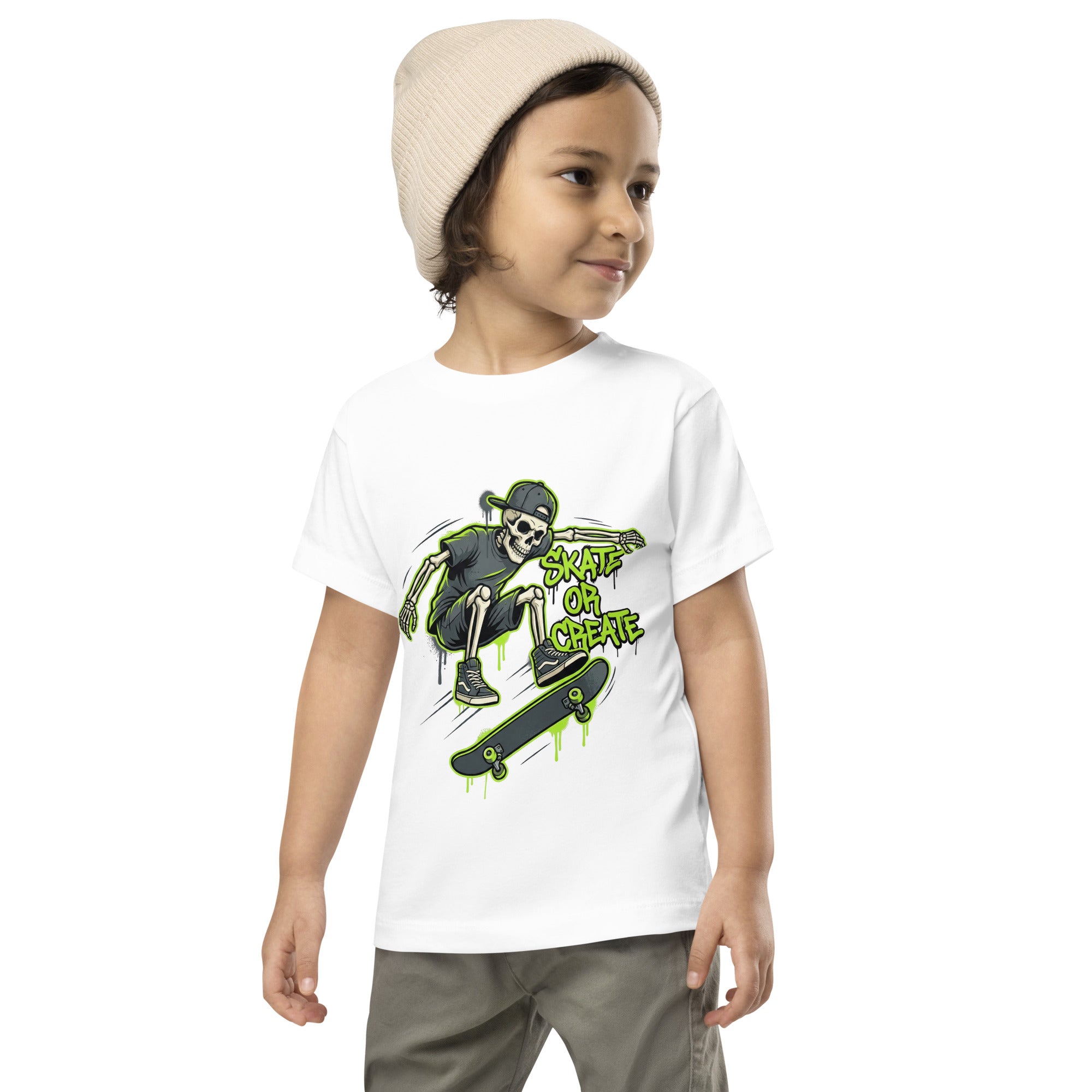 Coocosh features this unique toddler tee, a fun lime green short sleeve with a street-style skeleton skater, great for playdates.
