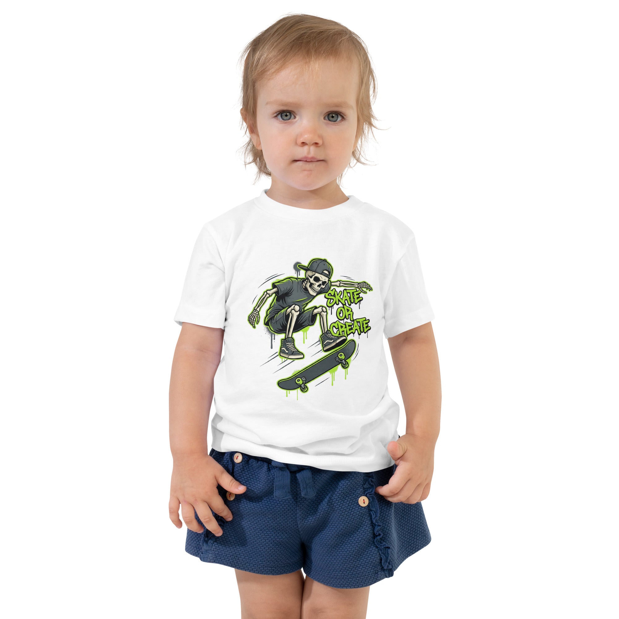 Unique Coocosh toddler t-shirt in lively lime green showcasing a playful skeleton skater, suitable for casual play.