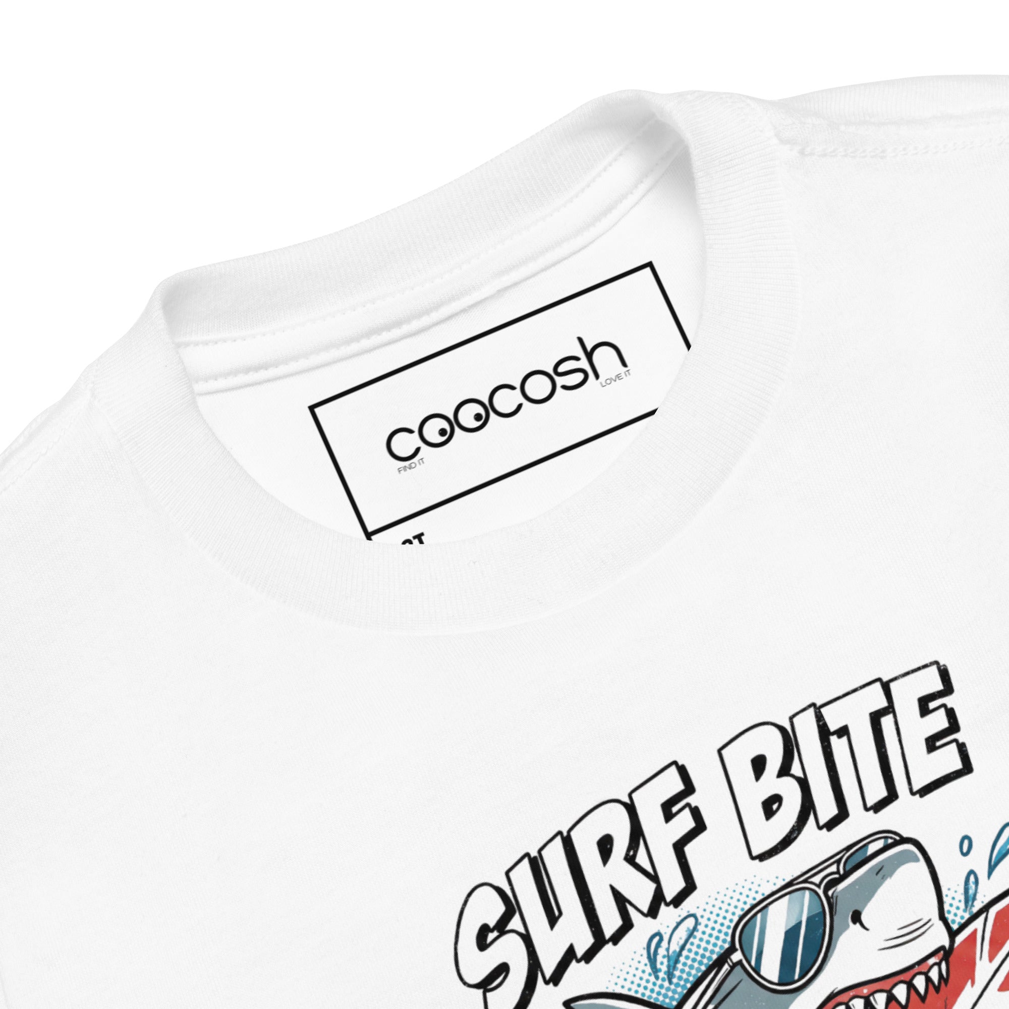 Coocosh toddler t-shirt designed with a playful shark graphic, made from soft cotton, in a vibrant grey color, ideal for summer outings at the beach.