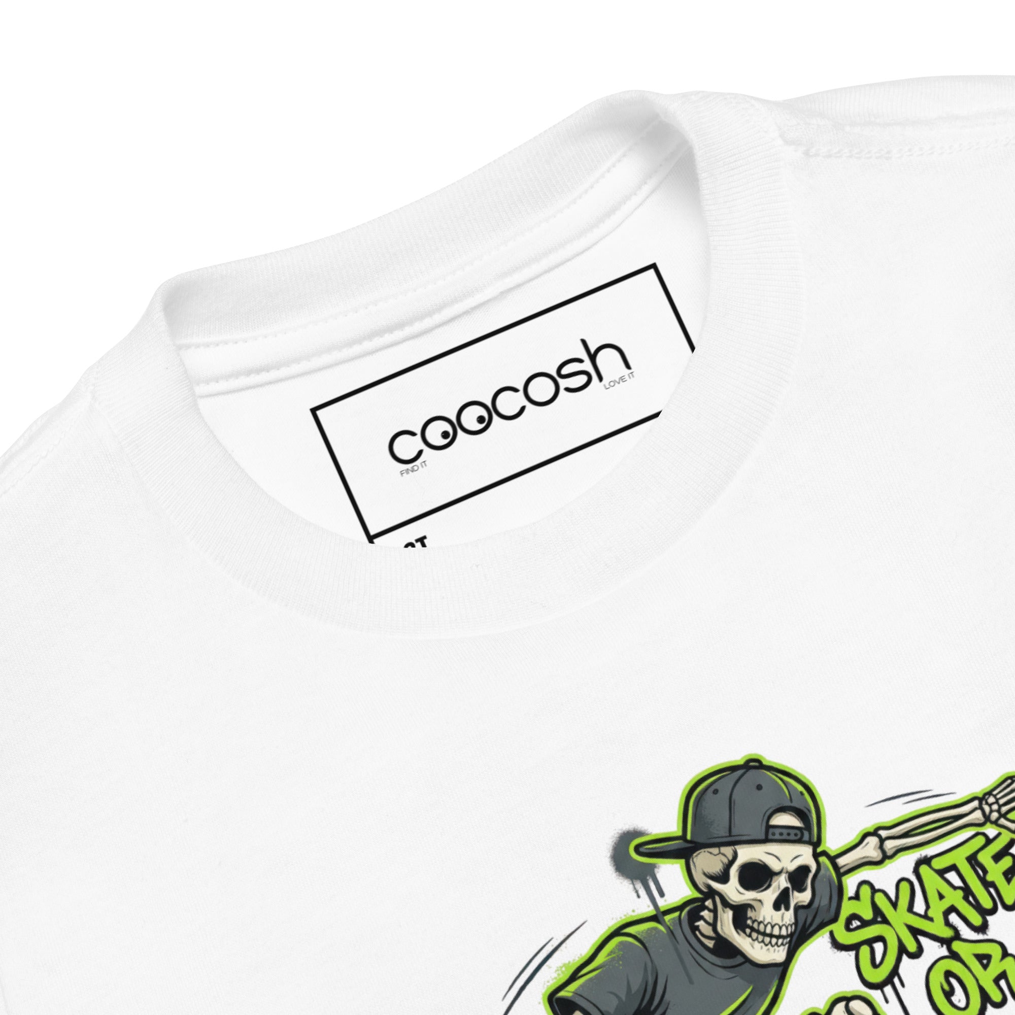 Coocosh's toddler t-shirt in a lively lime green shade brings an exciting skeleton skater design, great for casual day wear.