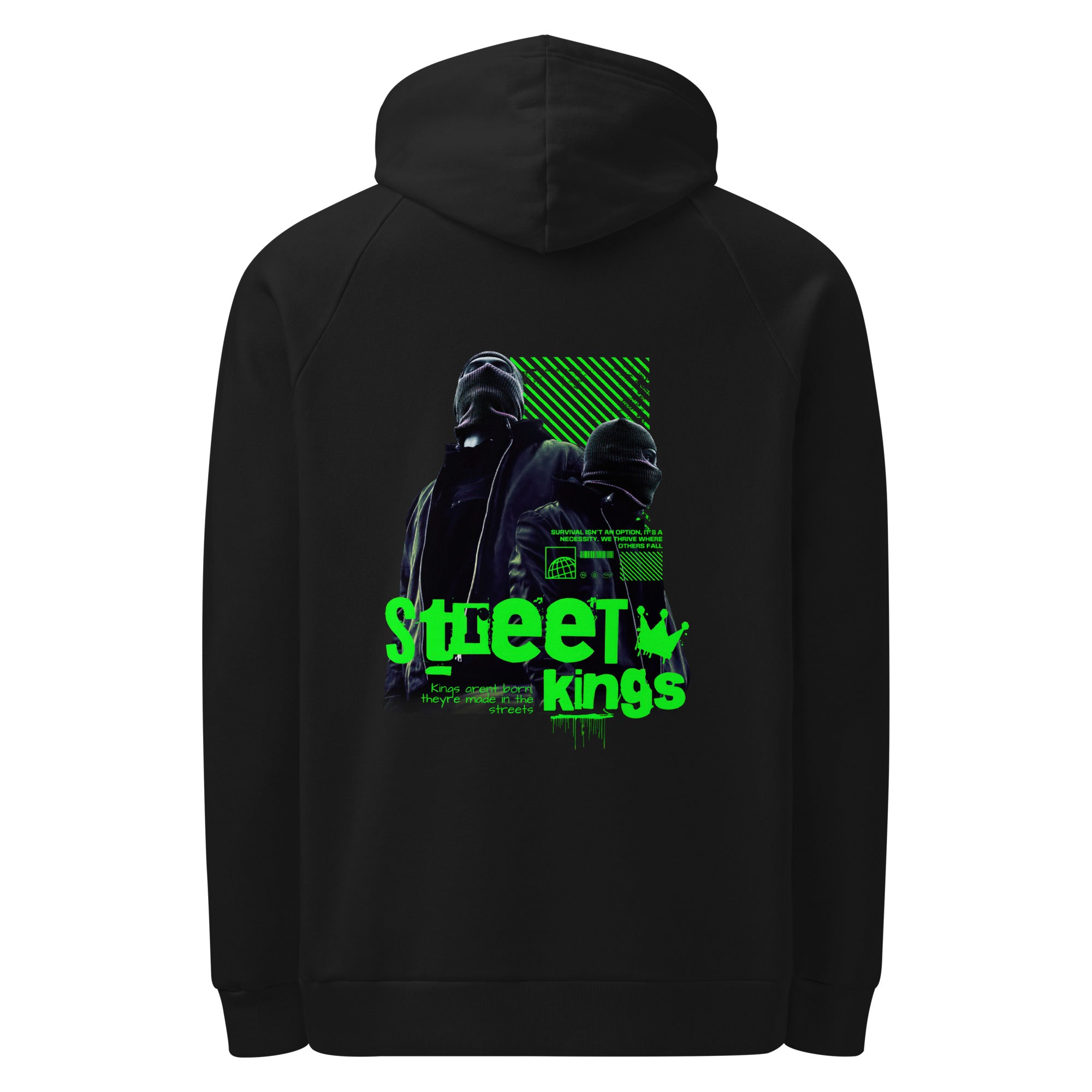 Coocosh urban black hoodie featuring vibrant green 'Street Kings' graphics, crafted from ultra-soft fleece for all-day comfort. Ideal for street style lovers, this relaxed-fit sweatshirt seamlessly blends durability with effortless fashion.