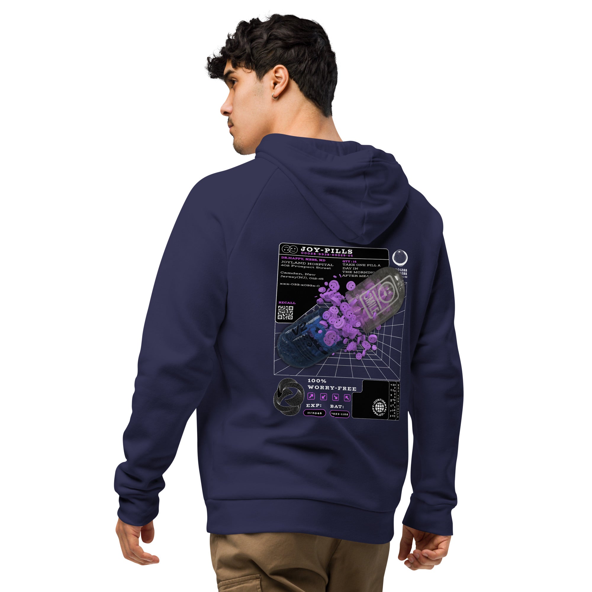 Coocosh's Under Armour® Joy-Pills Hoodie in navy embodies cozy sophistication, featuring a vibrant graphic design on the back. Crafted from durable 80/20 cotton-poly fleece, it pairs comfort with style, perfect for lounging or active days.