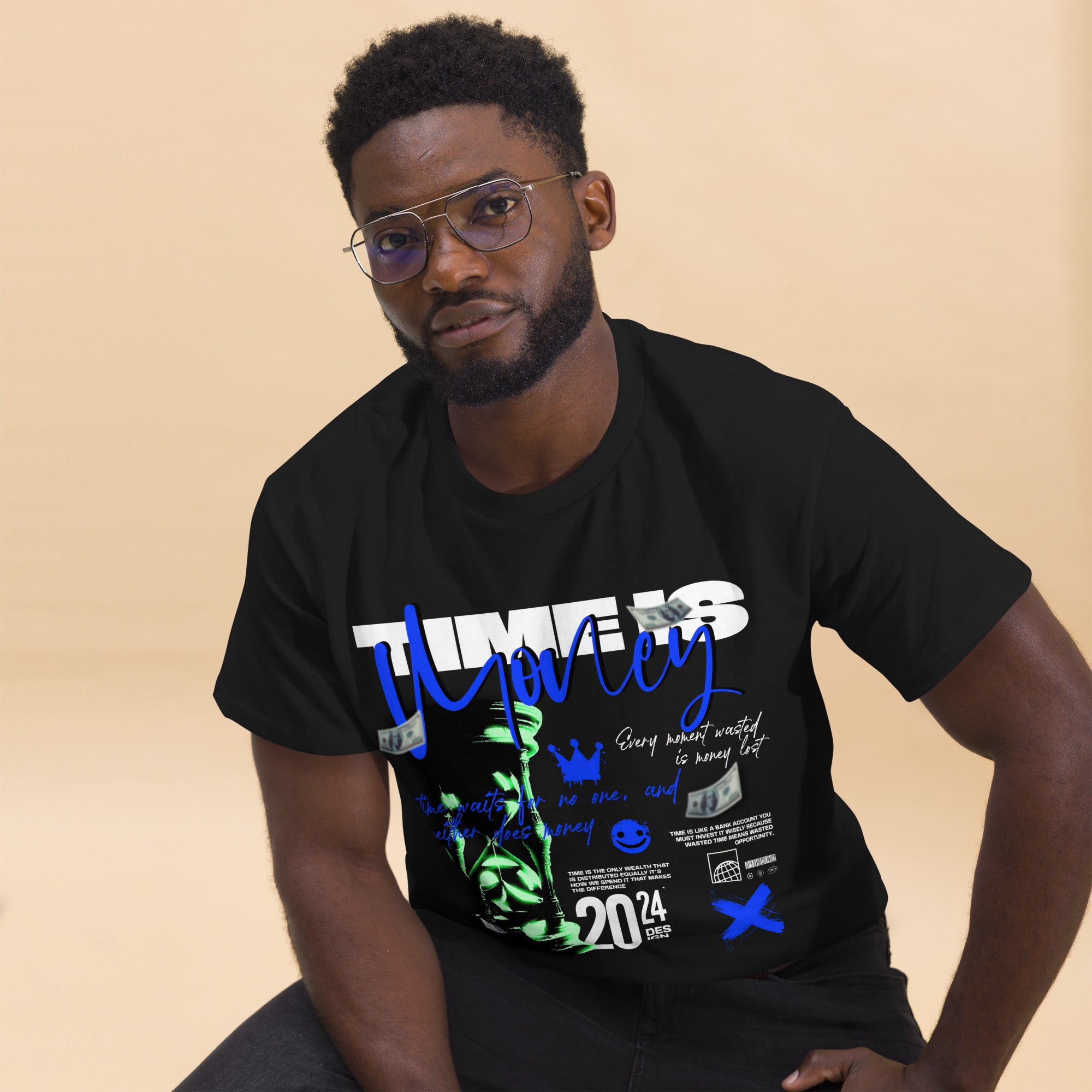 Coocosh unisex classic tee, featuring a vibrant 'Time is Money' hourglass design on a breathable 100% cotton fabric. This stylish t-shirt, perfect for confident streetwear enthusiasts, combines comfort with versatility for effortless everyday elegance.