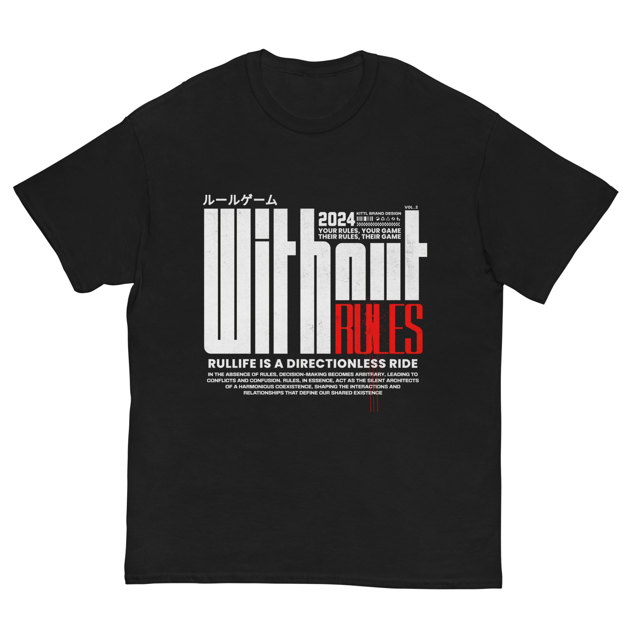 Coocosh unisex classic tee in black, featuring the bold statement "Without Rules" in striking typography, designed for effortless layering and a fashion-forward streetwear look, ensuring breathable comfort and durability for everyday adventures.