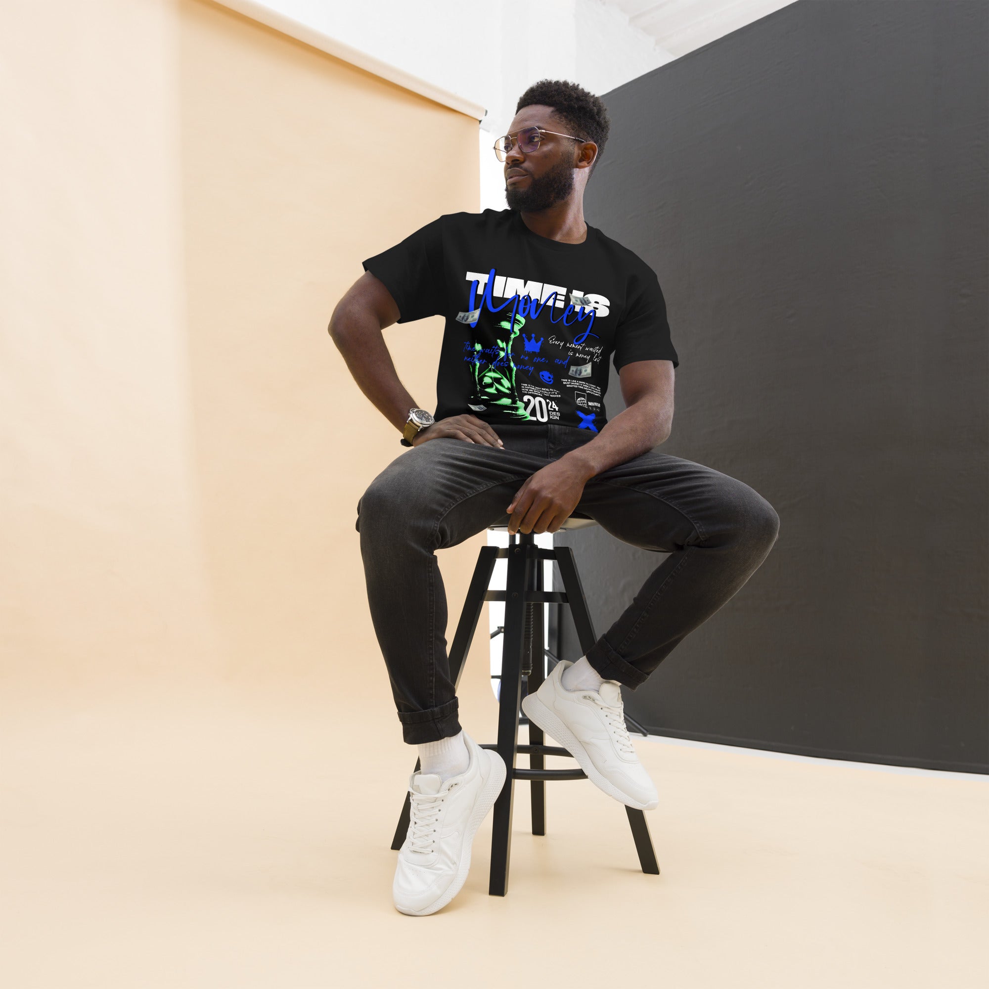 Coocosh unisex classic tee in hourglass "Time is Money" design, crafted from 100% breathable cotton. Perfect for streetwear enthusiasts, this vibrant piece combines comfort and durability, enhancing your style with effortless flair against a modern, contrasting backdrop.