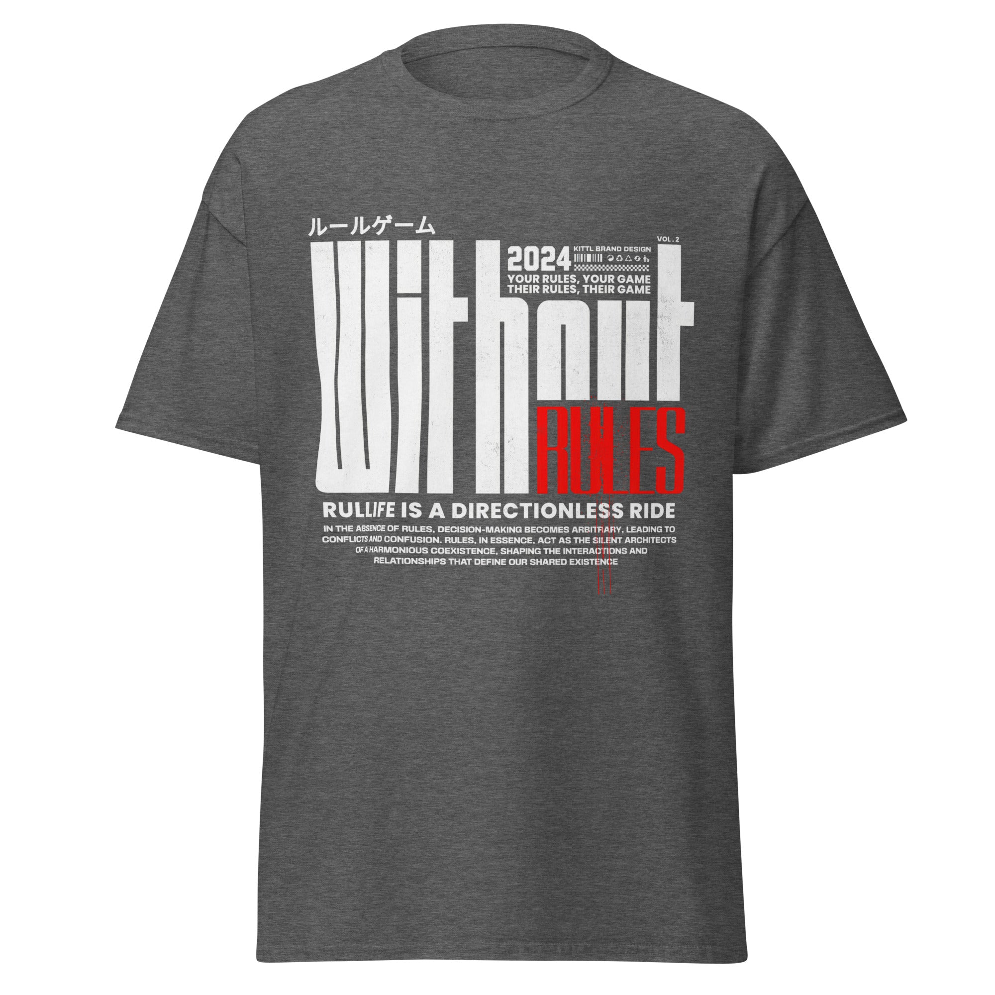 Coocosh unisex classic tee in sophisticated gray, featuring 'Without Rules' in bold artistry—crafted from 100% breathable cotton for ultimate comfort and style, perfect for layering or making a statement in streetwear.