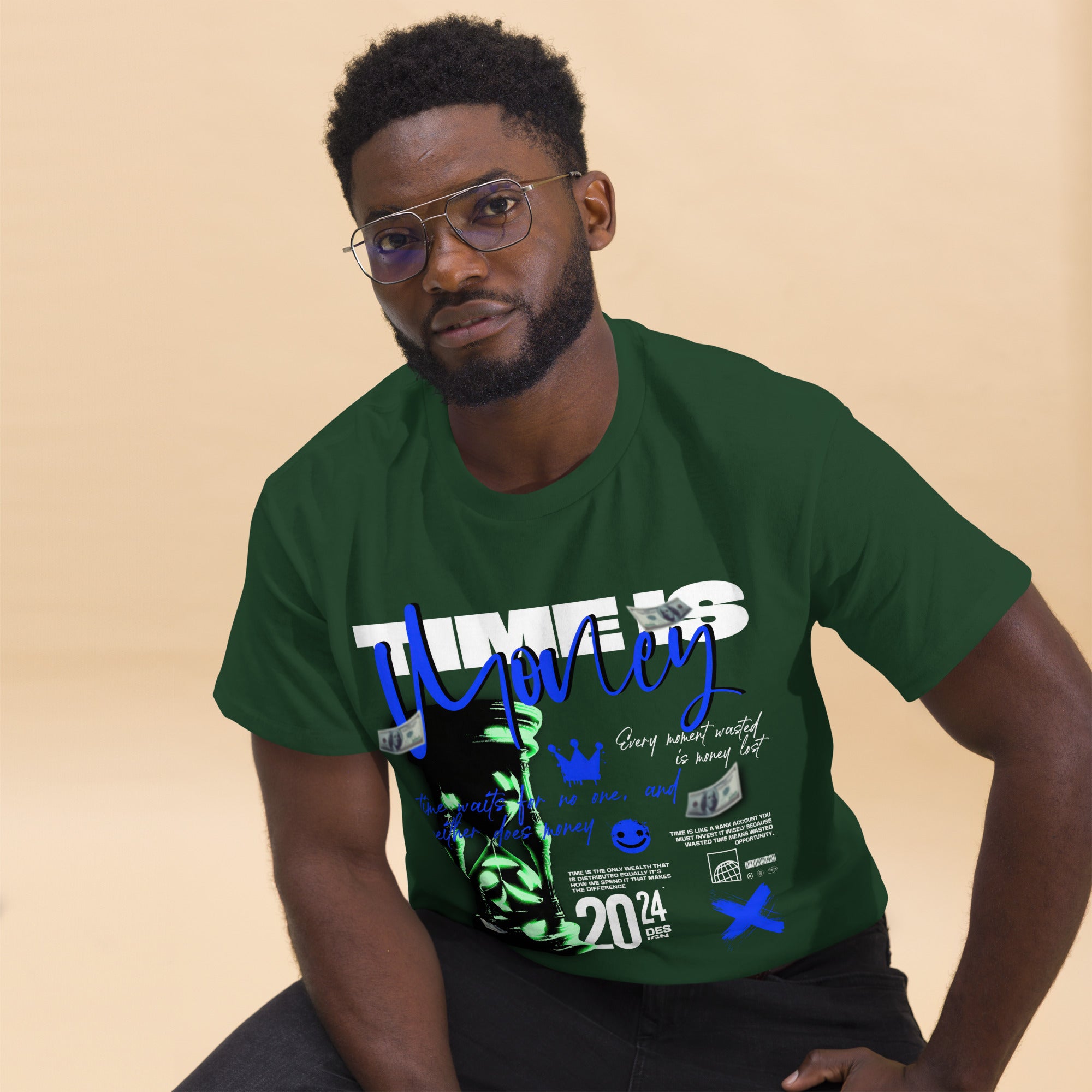 Coocosh's unisex classic tee in a vibrant green features an inspiring "Hourglass, Time is Money" design. Crafted from 100% breathable cotton, this durable, comfortable staple redefines streetwear, perfect for expressing your unique style with confidence.