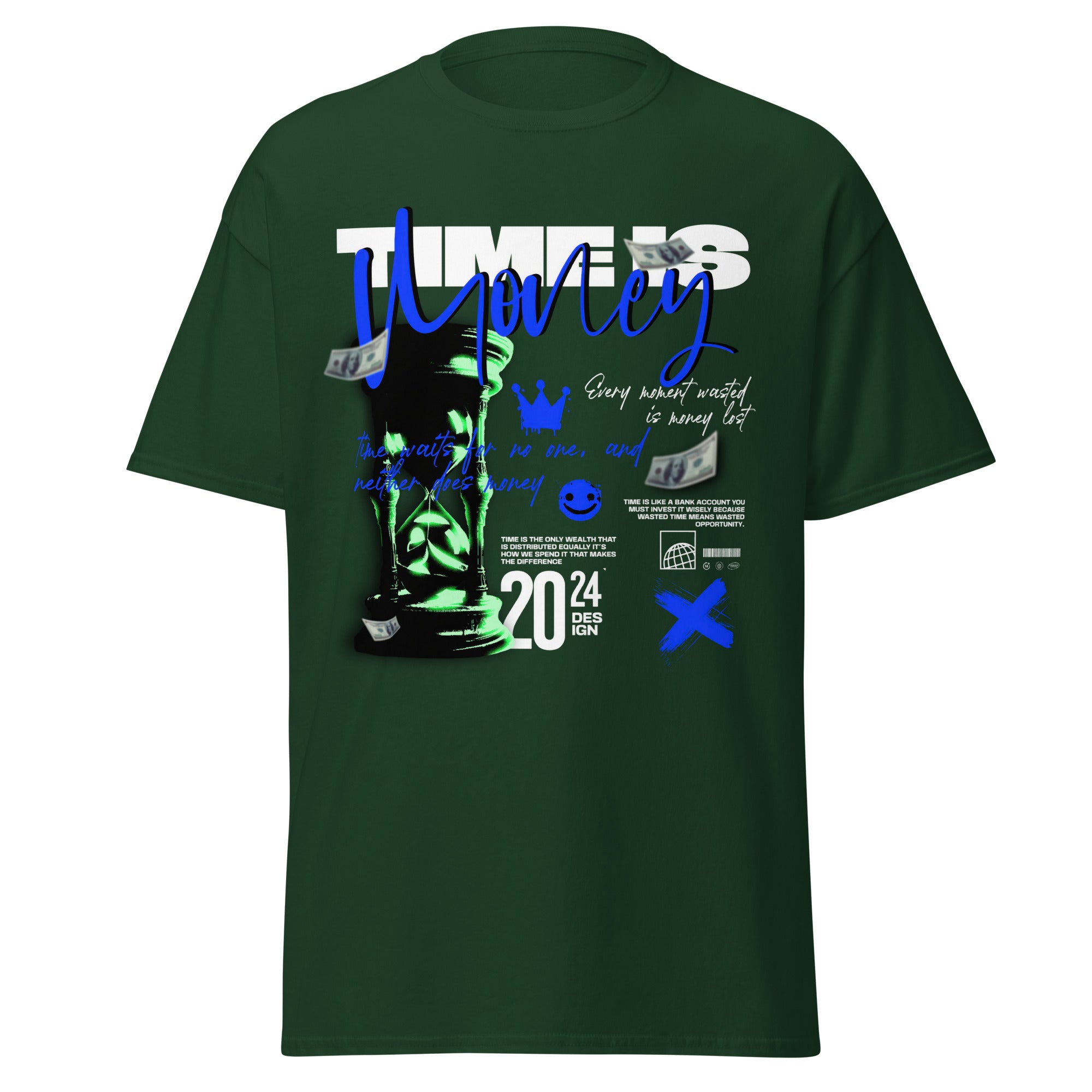 Coocosh unisex classic tee in vibrant green, featuring the artistic "TUMWIS" hourglass design and colorful accents. Crafted from 100% breathable cotton for all-day comfort, this statement piece elevates any urban wardrobe while embodying the motto "time is money.