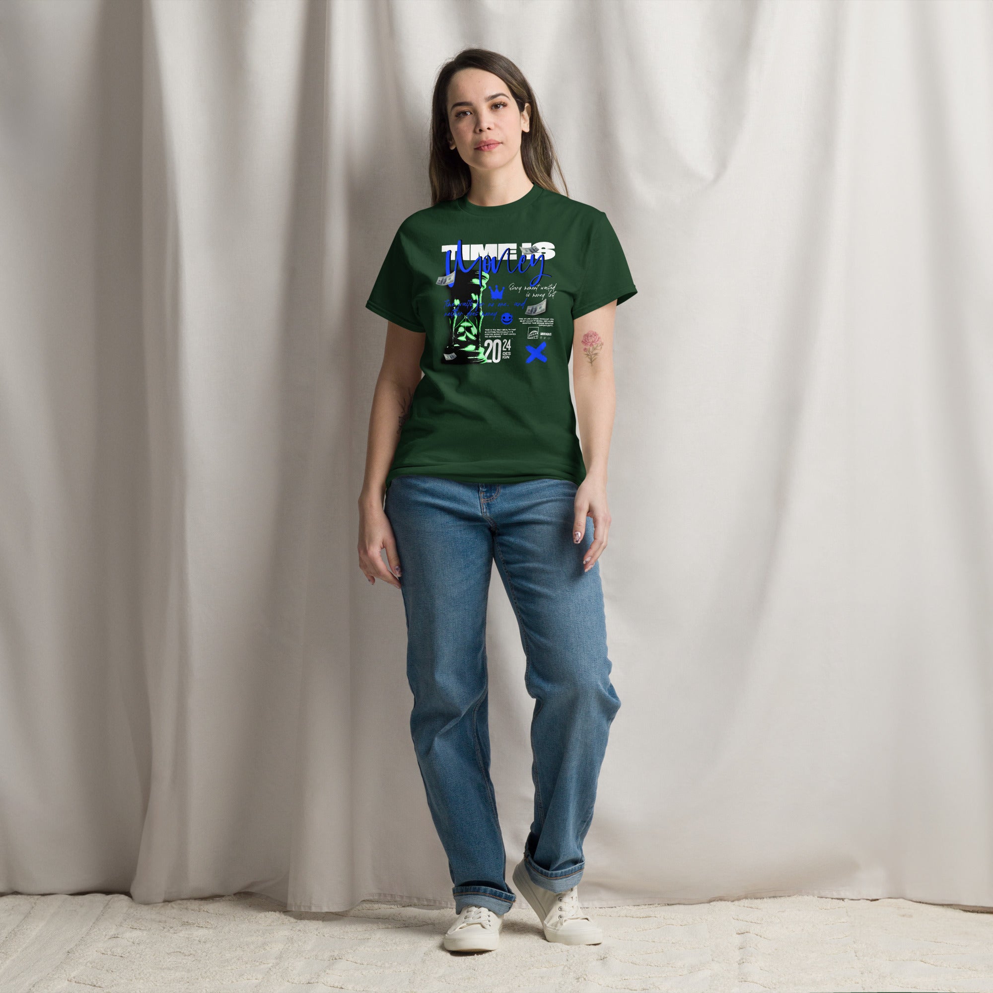 Coocosh's unisex classic tee in vibrant green, featuring a striking "Time is Money" graphic. Crafted from 100% breathable cotton for all-day comfort, this casual staple effortlessly enhances your streetwear style while embodying a lifestyle of ambition and creativity.