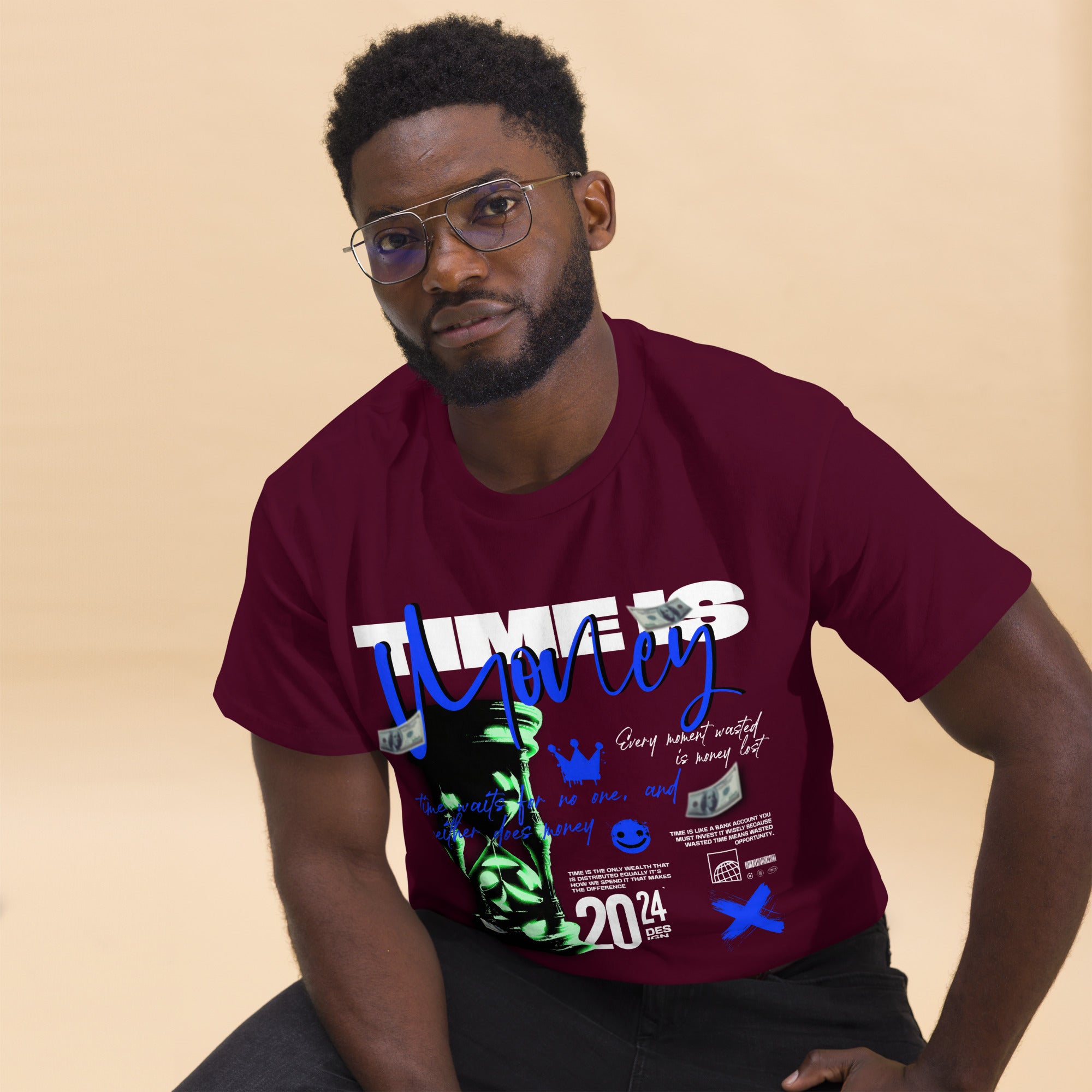 Coocosh unisex classic maroon tee featuring a striking 'Time is Money' graphic, crafted from 100% breathable cotton for ultimate comfort. This stylish piece blends effortlessly into any casual wardrobe, encouraging a mindful approach to everyday moments.