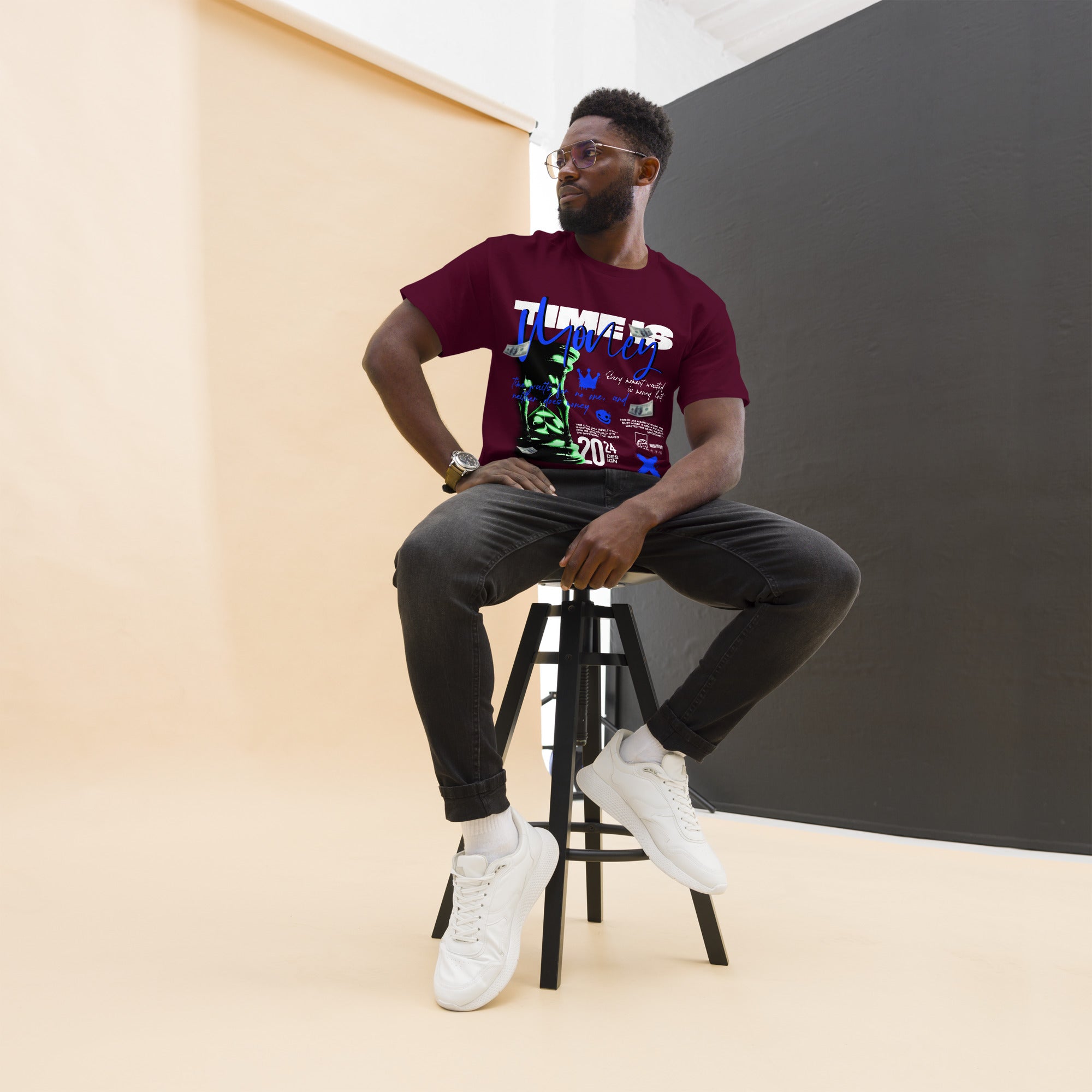 Coocosh unisex classic tee in maroon showcases the inspiring "Time is Money" hourglass design, offering unparalleled comfort with 100% breathable cotton. Perfect for creative environments, this versatile piece enhances your lifestyle while adding a pop of color.