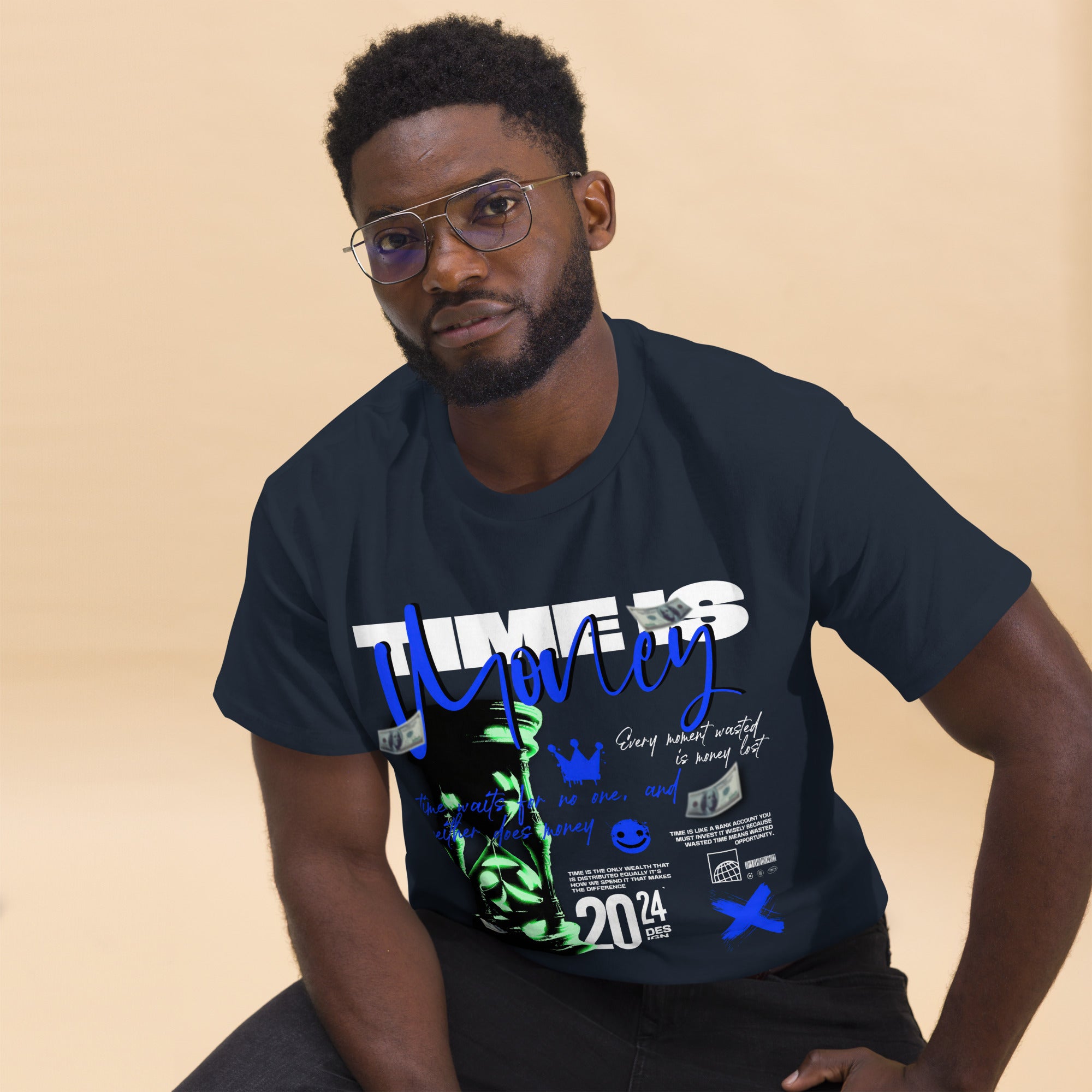 Coocosh unisex classic tee in dark, featuring a striking "Time is Money" graphic, designed for effortless comfort and style. Crafted from 100% breathable cotton, it offers versatile wear for the confident individual, perfect for both casual and streetwear aesthetics.