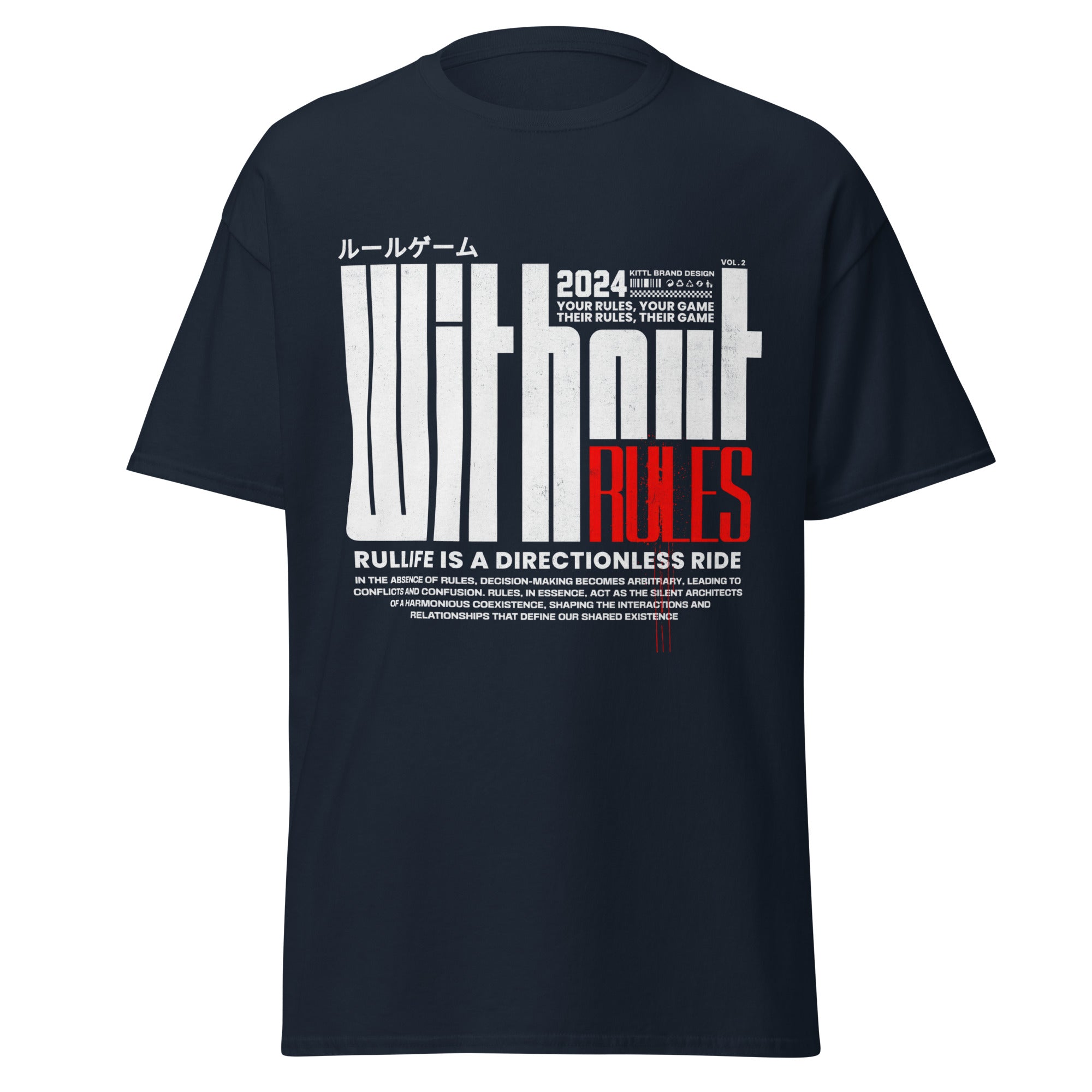 Coocosh's unisex classic tee, "Without Rules," in a sleek black hue showcases striking typography that inspires individuality. Crafted from 100% breathable cotton, it offers unmatched comfort, a structured look, and durability for effortless streetwear styling.