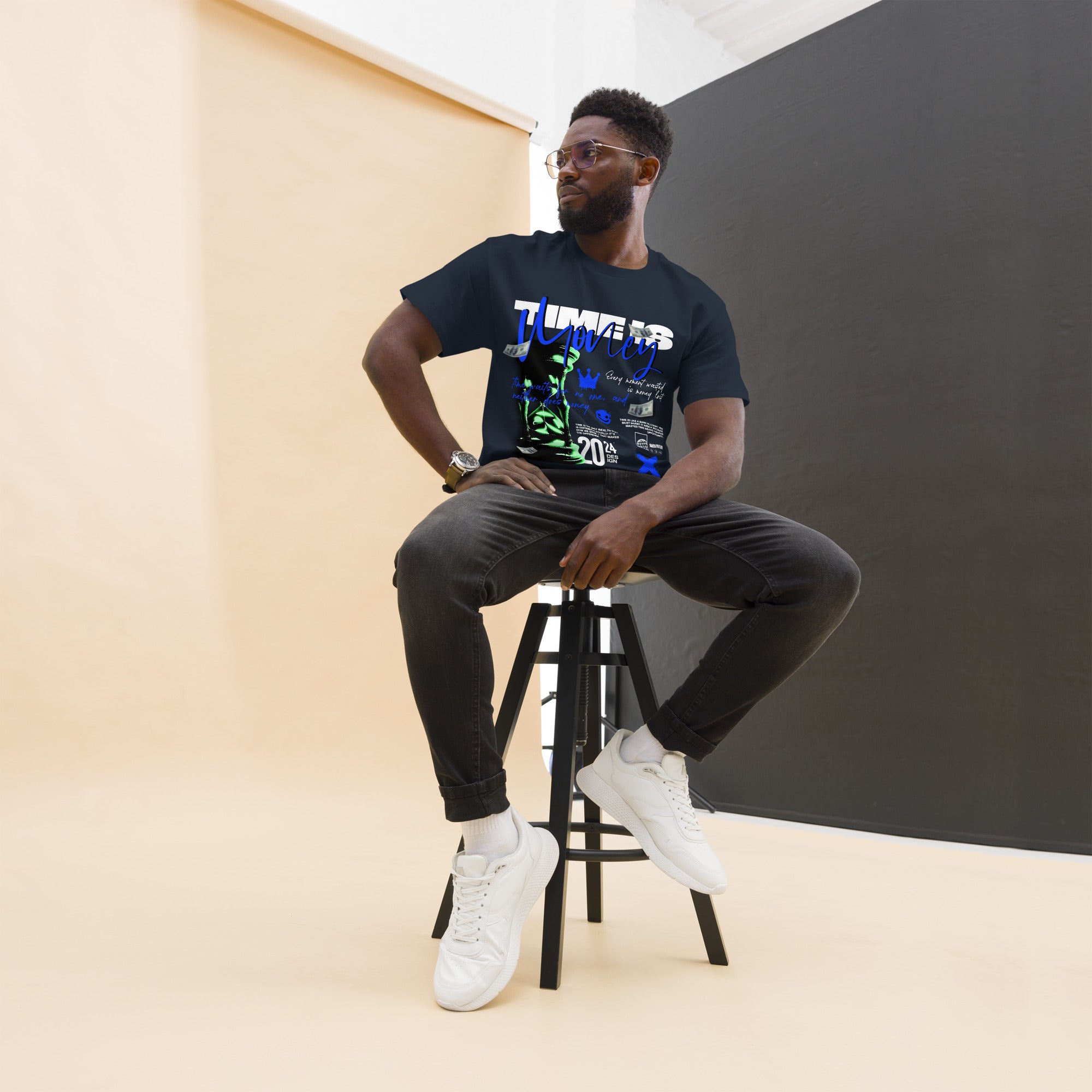 Coocosh unisex classic tee featuring the 'Hourglass, Time is Money' design, crafted from breathable 100% cotton. Perfectly suited for both relaxed studio moments and elevated streetwear, this versatile piece balances comfort and style.