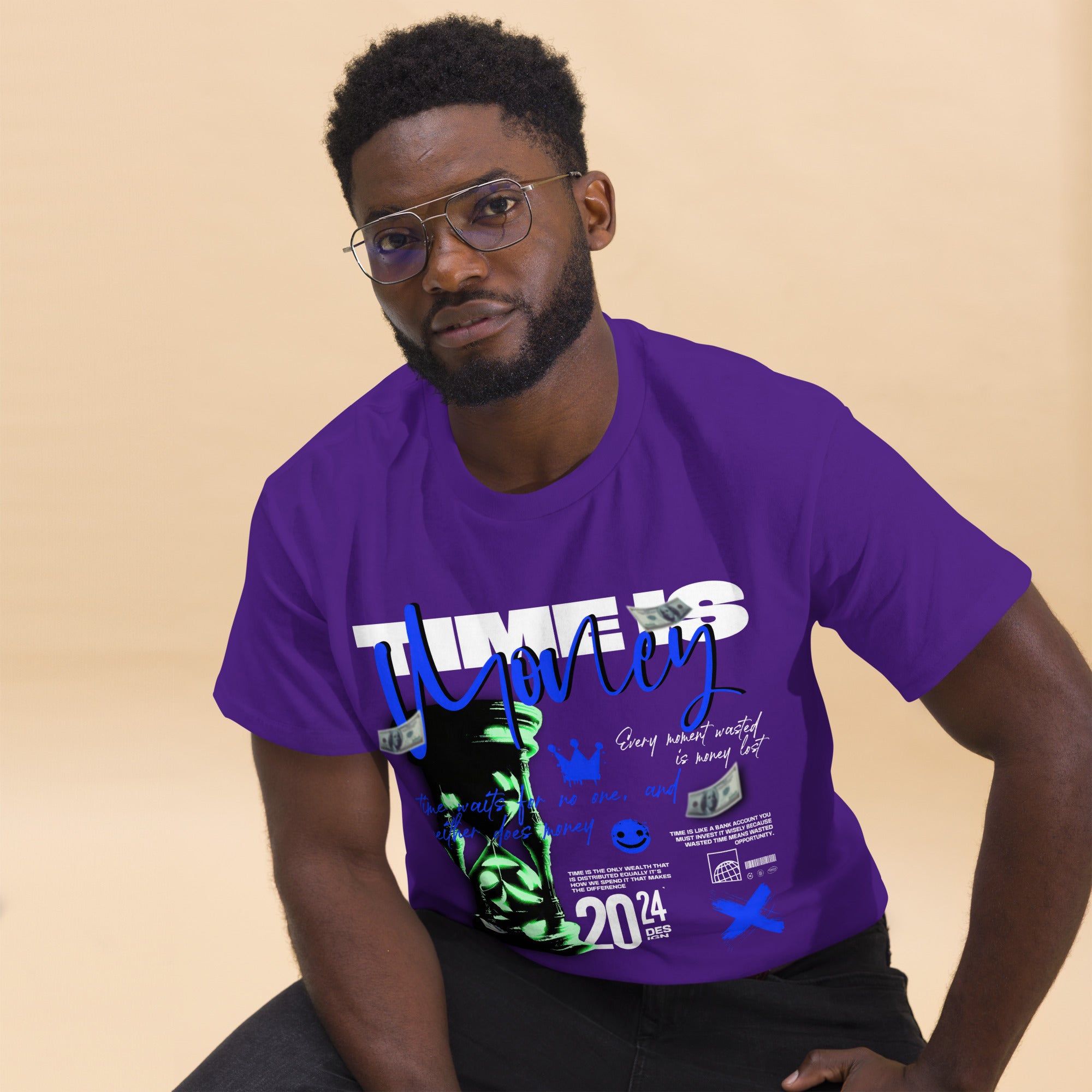 Coocosh Unisex Classic Tee in vibrant purple featuring the eye-catching "Time is Money" graphic, crafted from 100% breathable cotton for ultimate comfort. Perfect for streetwear enthusiasts looking to express their unique style with effortless elegance.