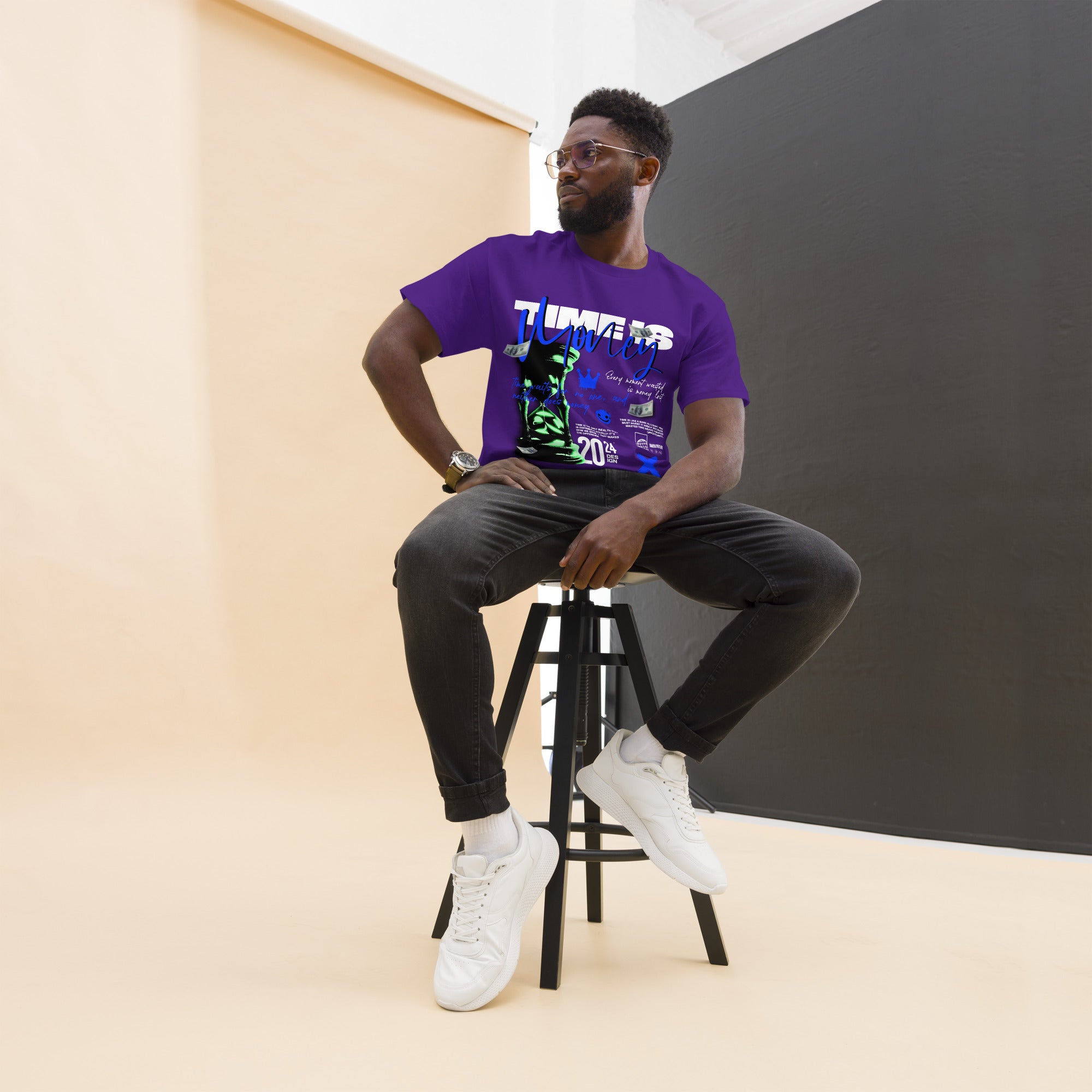 Coocosh unisex classic tee in rich purple, designed for a stylish, everyday look. Crafted from 100% breathable cotton, this durable t-shirt seamlessly combines comfort with the empowering "Time is Money" hourglass design, perfect for confident urban lifestyles.