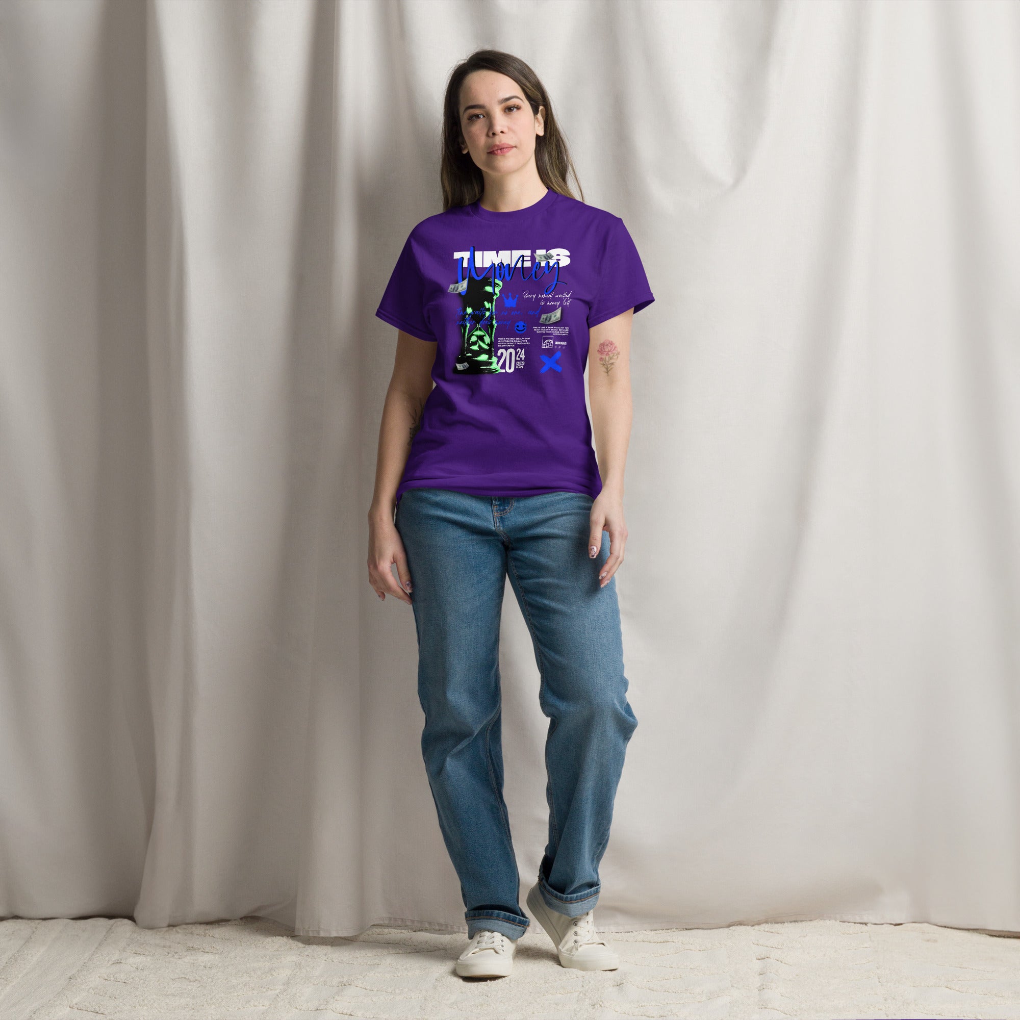 Coocosh Unisex Classic Tee in vibrant purple with a striking "Time is Money" graphic, designed for comfort and durability. Ideal for streetwear enthusiasts, it effortlessly combines style and versatility for any occasion, inviting you to express your unique narrative.