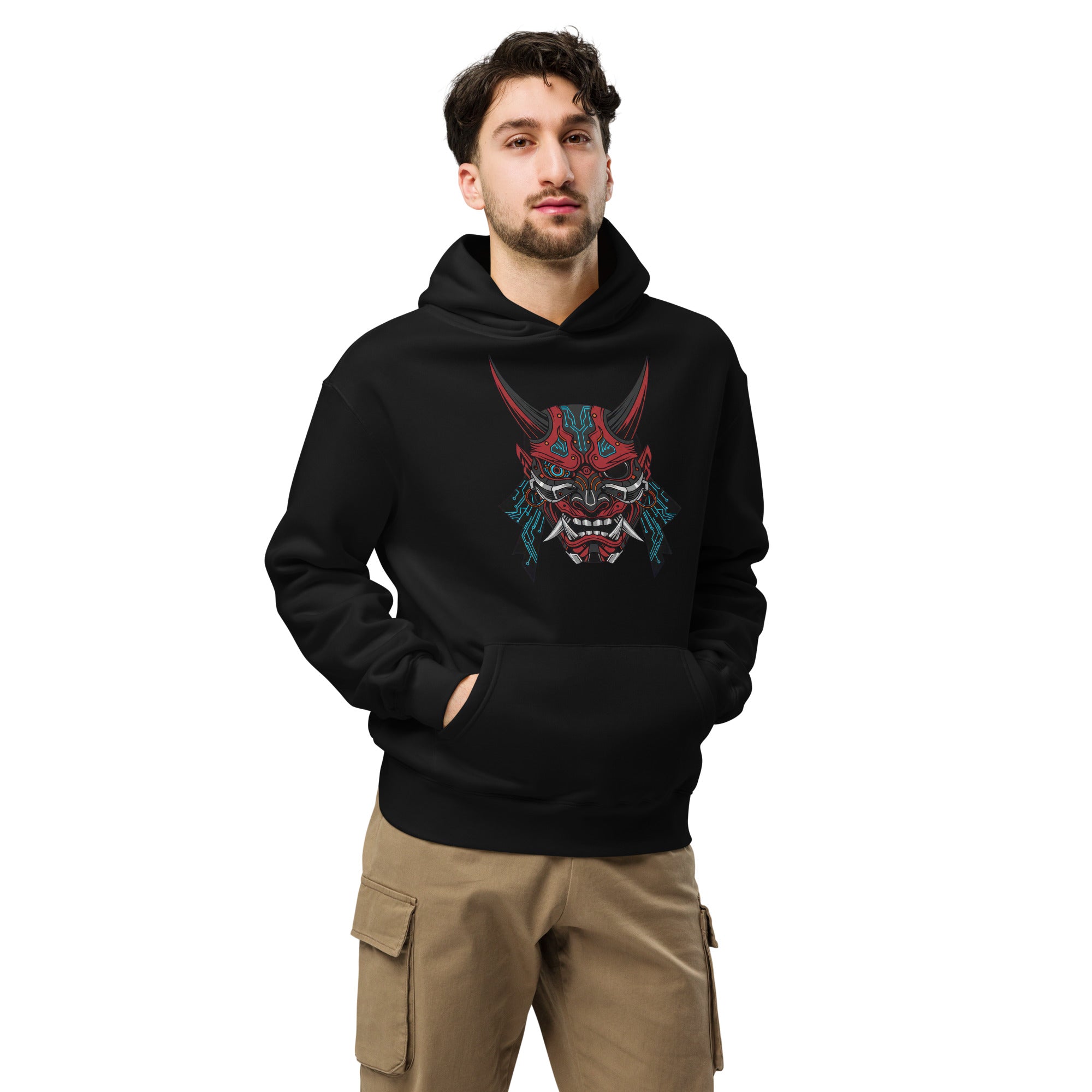 Coocosh oversized black hoodie featuring a vibrant Neon Oni Mecha graphic, designed for comfort and style. Perfectly suited for everyday excursions or creative sessions, it embodies effortless expression and versatility.